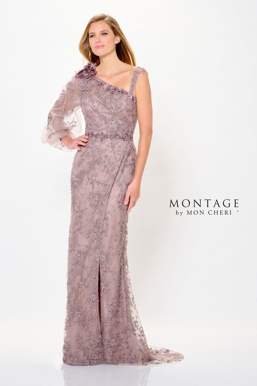 Montage M913 Long Formal Beaded 3D Floral Applique Evening Dress