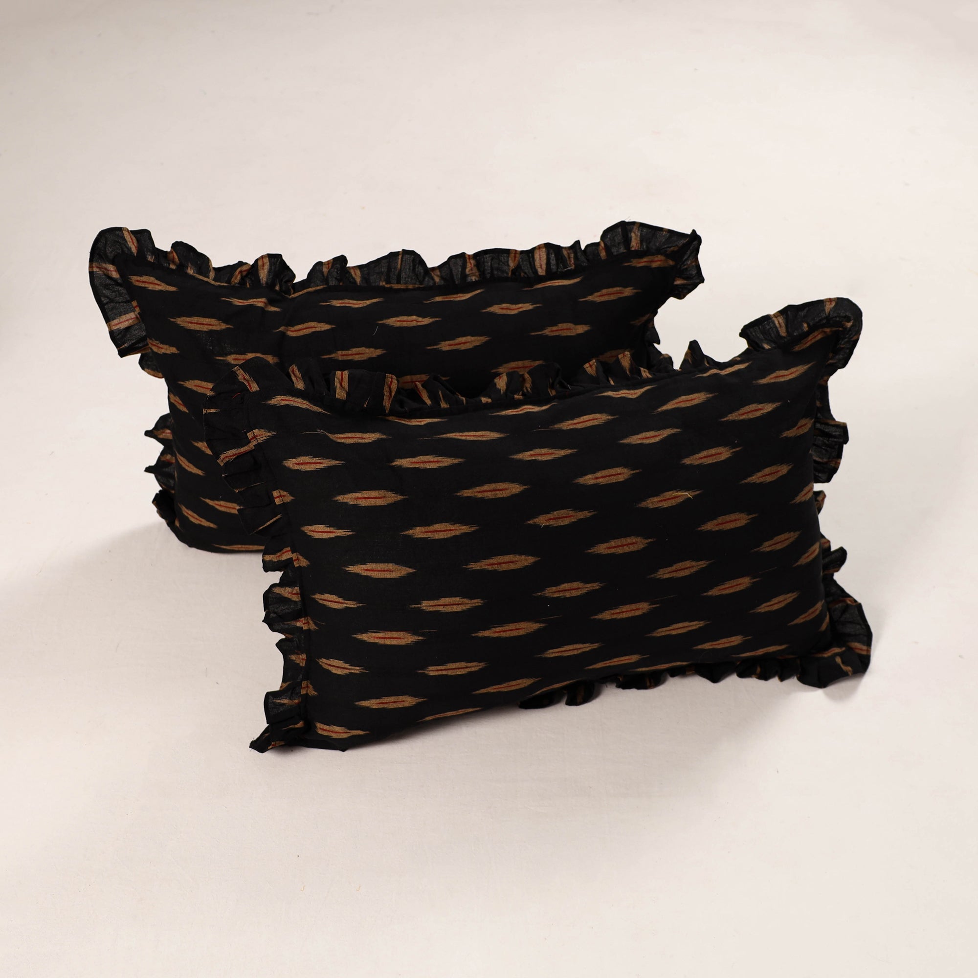 NOORI BAZAR Black - Set of 2 Pochampally Ikat Cotton Frill Pillow Covers 47