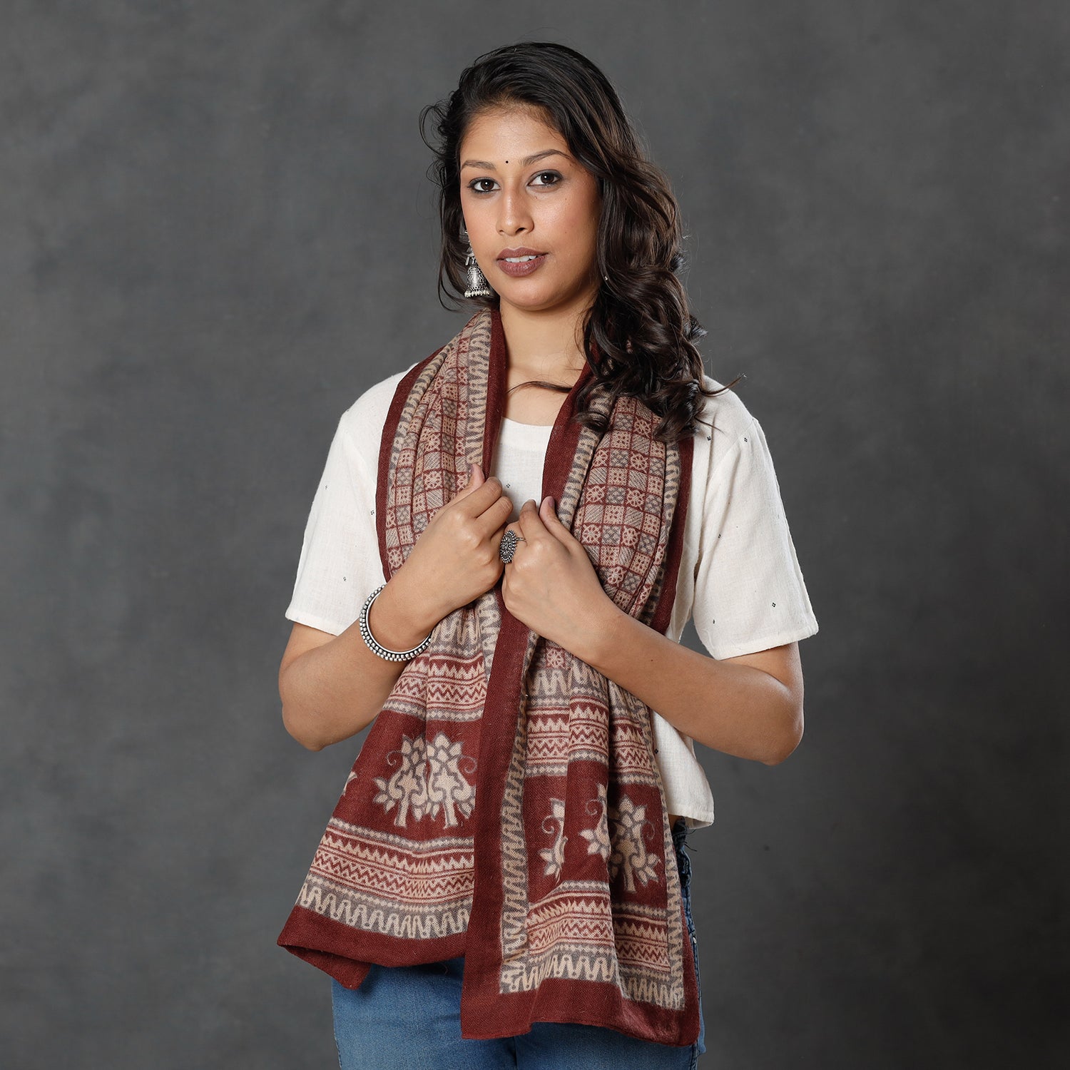 BAGH PRINTS BY MOHAMMED BILAL KHATRI Brown - Bagh Block Printed Natural Dyed Woolen Muffler (61 in)