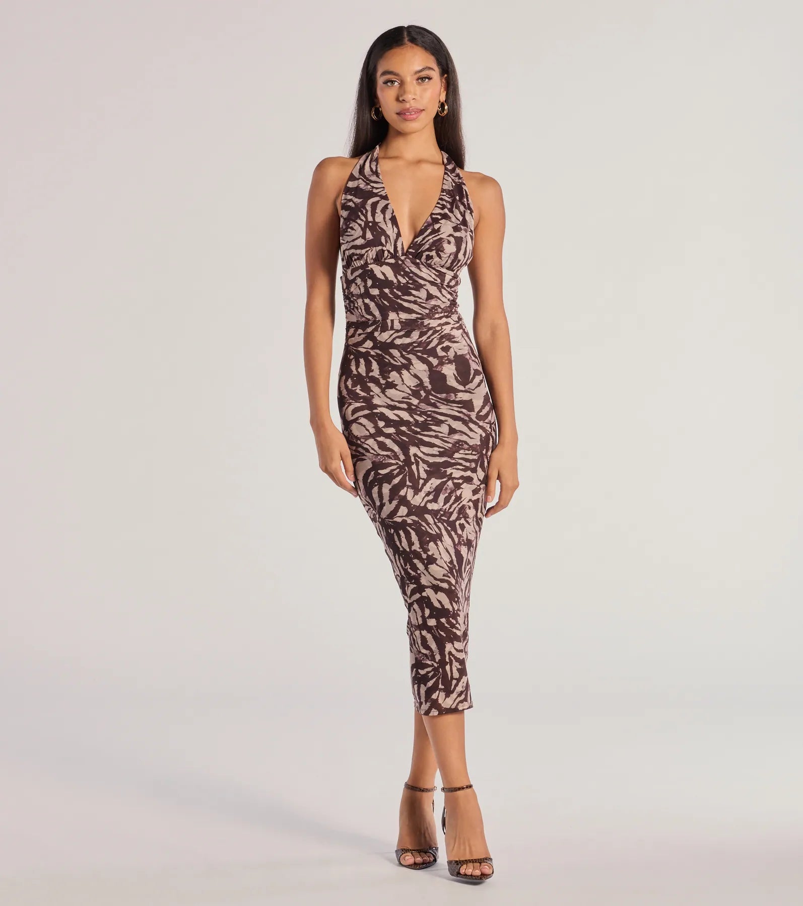 Windsor Fierce Style Zebra Print Mesh Halter Midi Dress