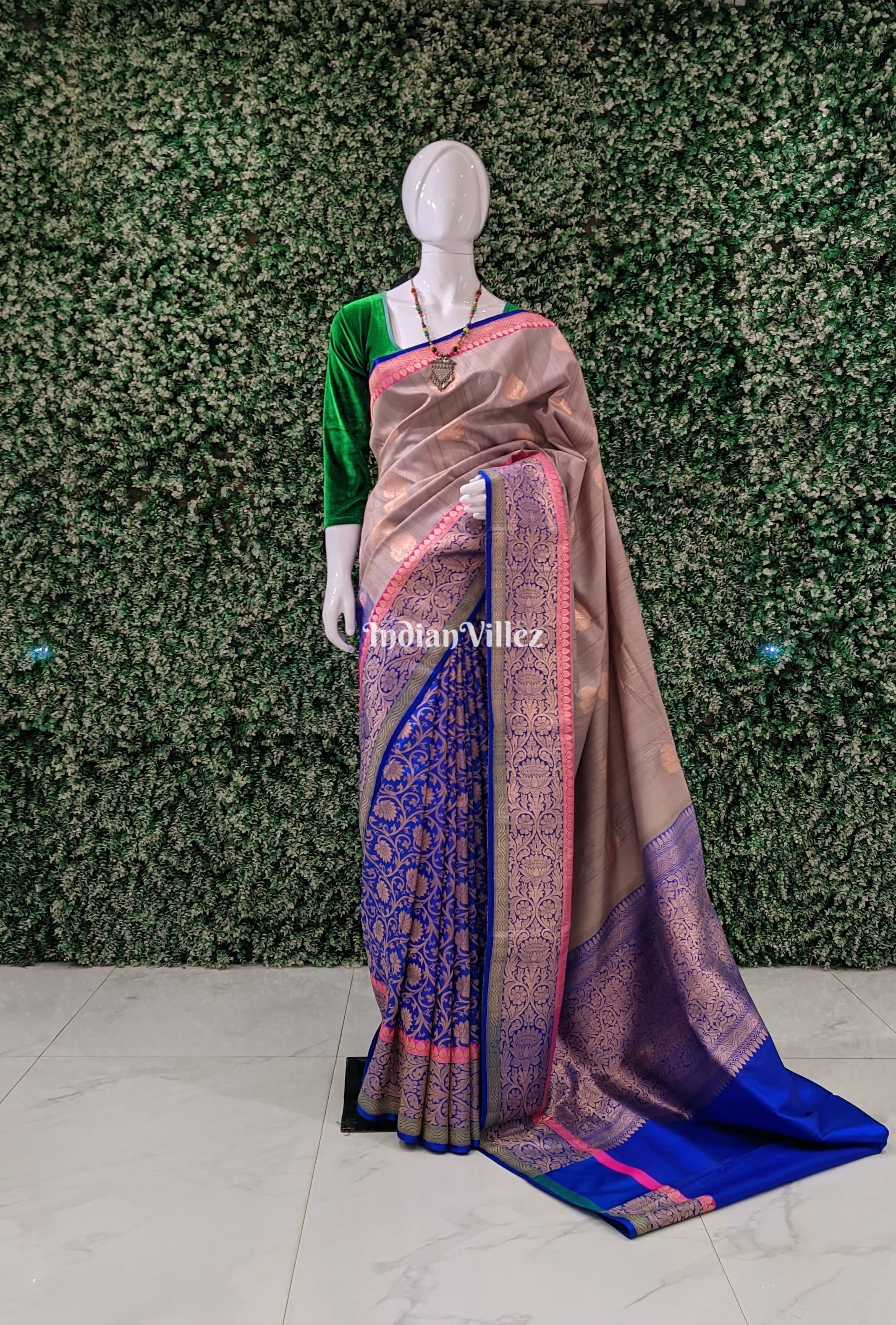 IndianVillèz Blue-Grey Brocade Tussar Banarasi Handloom Silk Saree