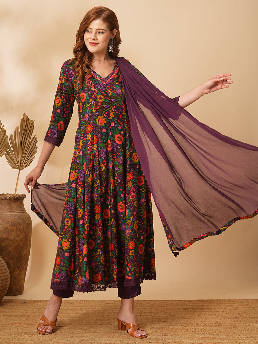 Fashor Floral Printed Mirror Embroidered Anarkali with Pant & Dupatta - Purple