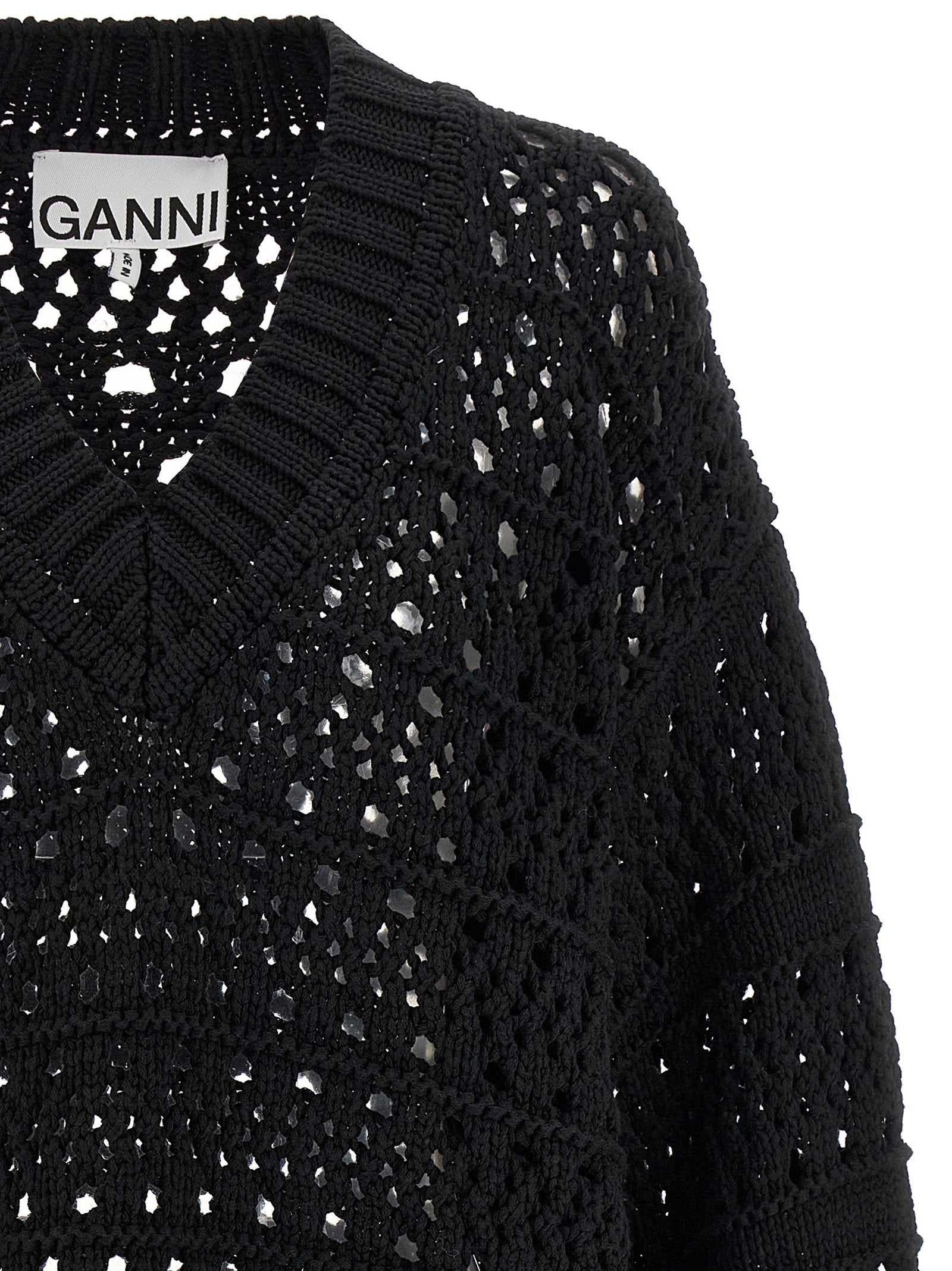 Ganni Black Crochet V-neck Sweater - view 3