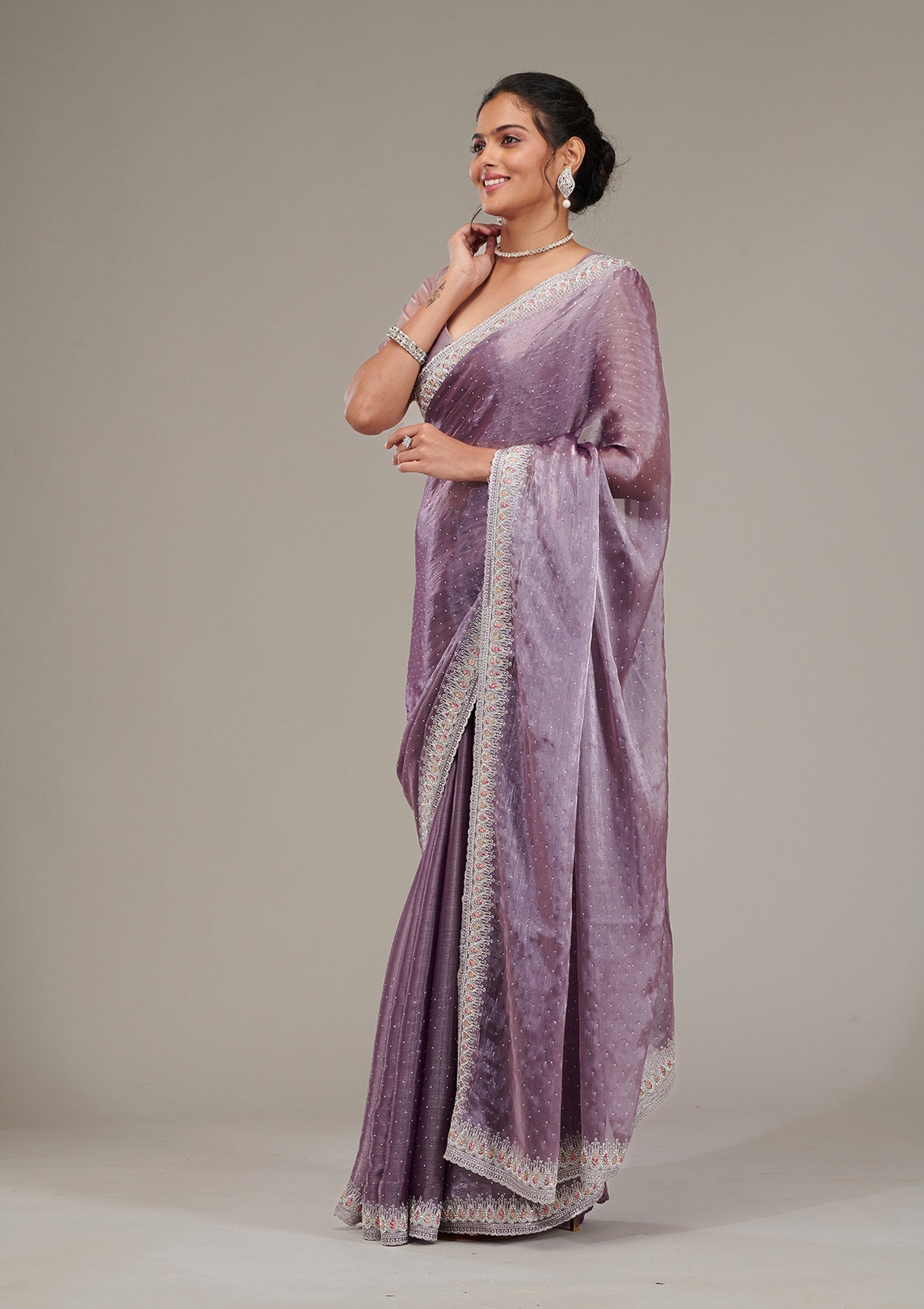 Koskii Purple Stonework Chiffon Saree – Women's - view 3