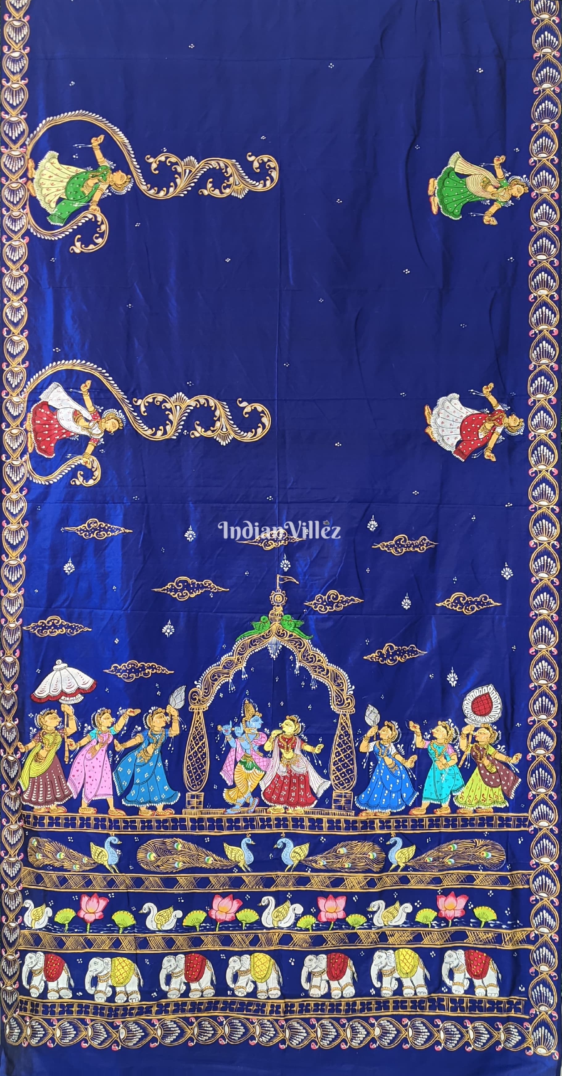 IndianVillèz राधाकृष्ण || Blue Radha Krishna Pattachitra Silk Saree