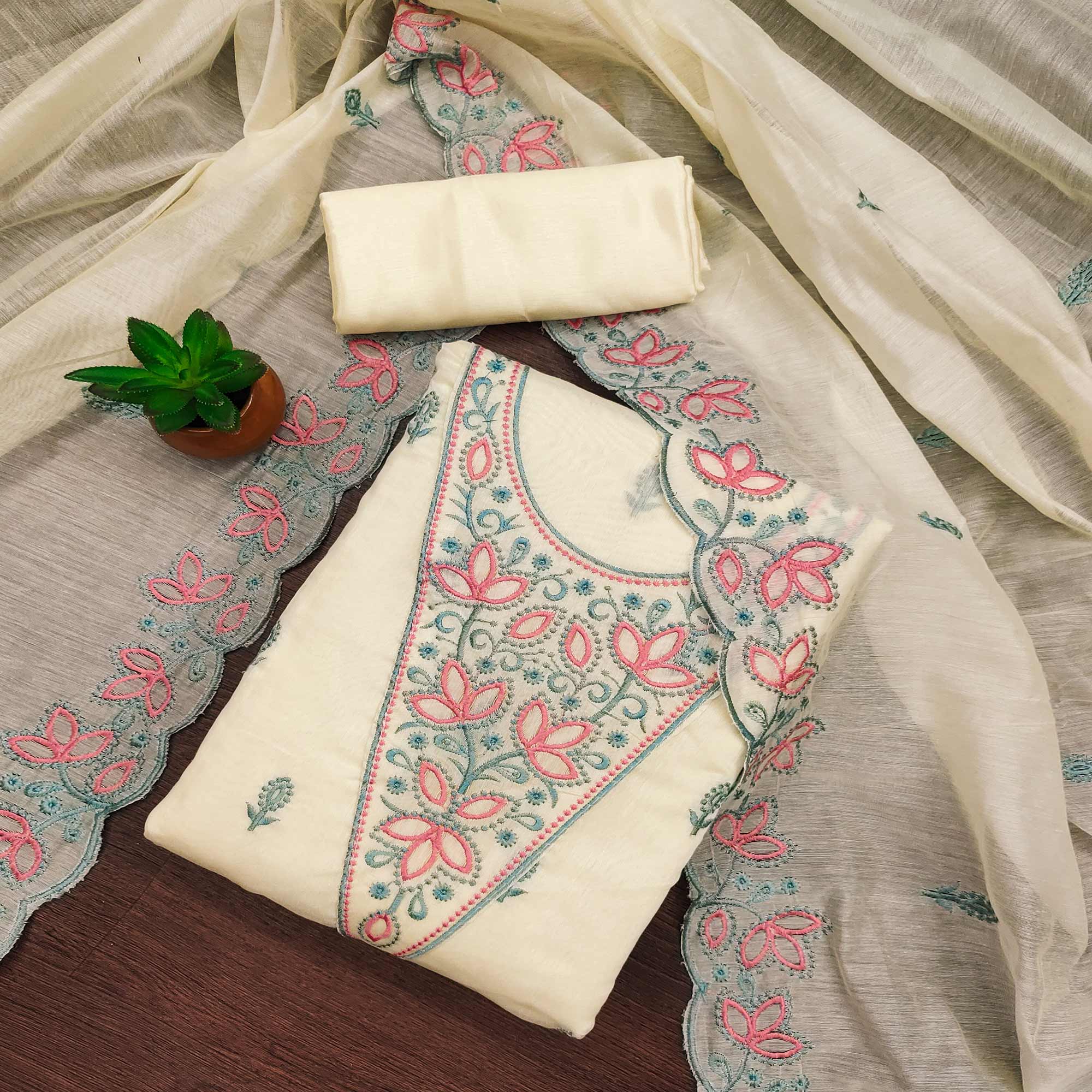 Peachmode Cream Floral Embroidered Chanderi Dress Material