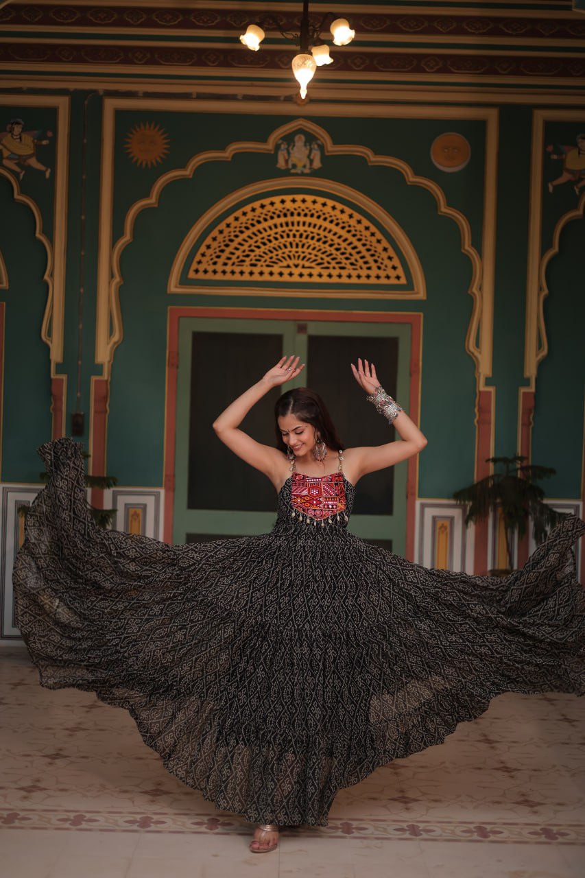 ClothsVilla Black Bandhani Print Sleeveless Gown with Kutchi Patchwork - view 2