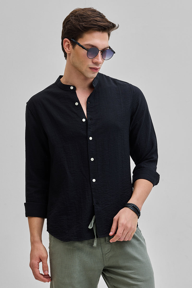 SNITCH Black Mandarin Linen Blend Shirt