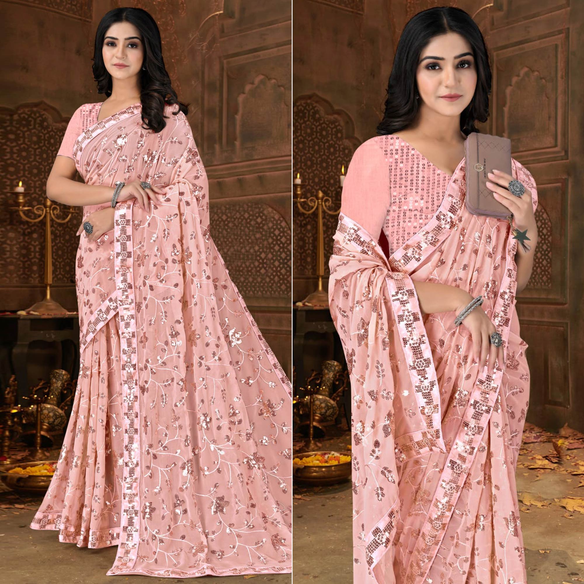 Peachmode Light Peach Sequins Emroidered Georgette Saree