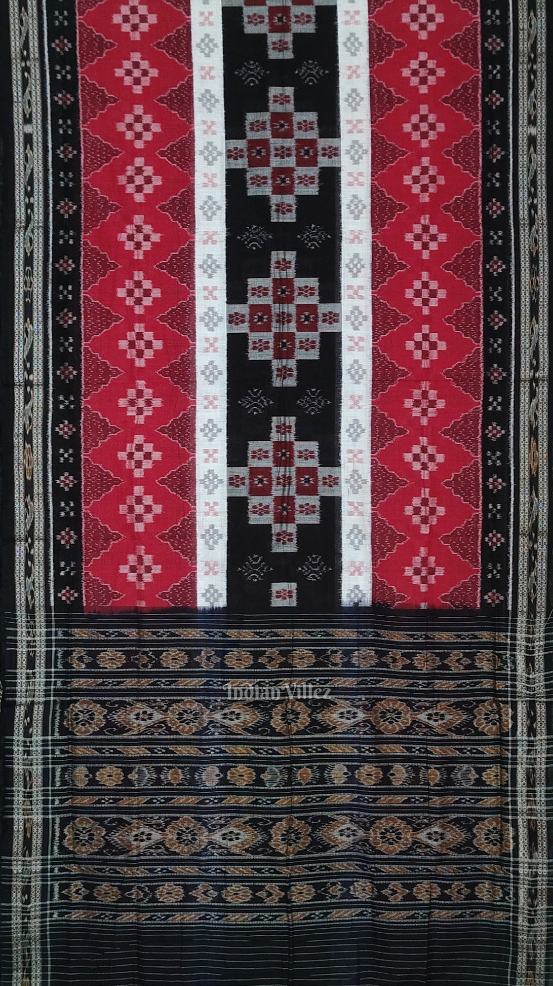 IndianVillèz Red Black Body Pasapali Sambalpuri Pure Cotton Saree