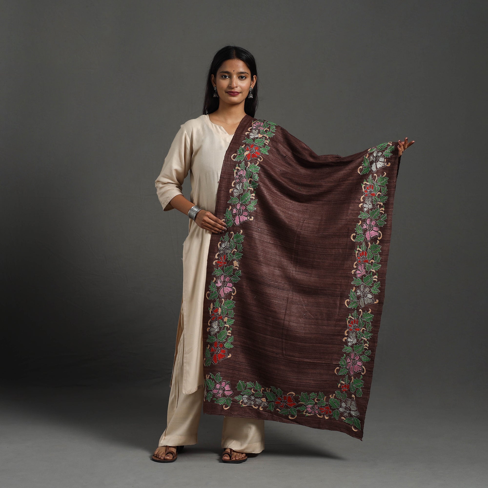 KHUSHBASH - HAPPY LOOM OF EAST Brown - Handloom Matka Silk Bengal Kantha Work Stole 23 - view 2