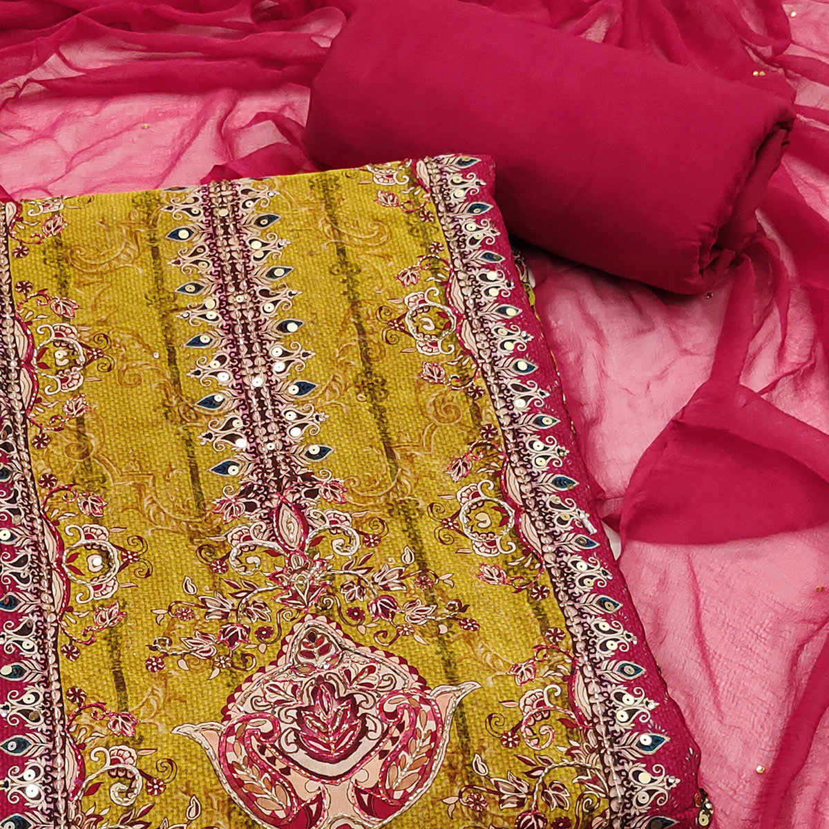 Peachmode Pink Sequins Embroidery With Printed Crepe Dress Material - view 2