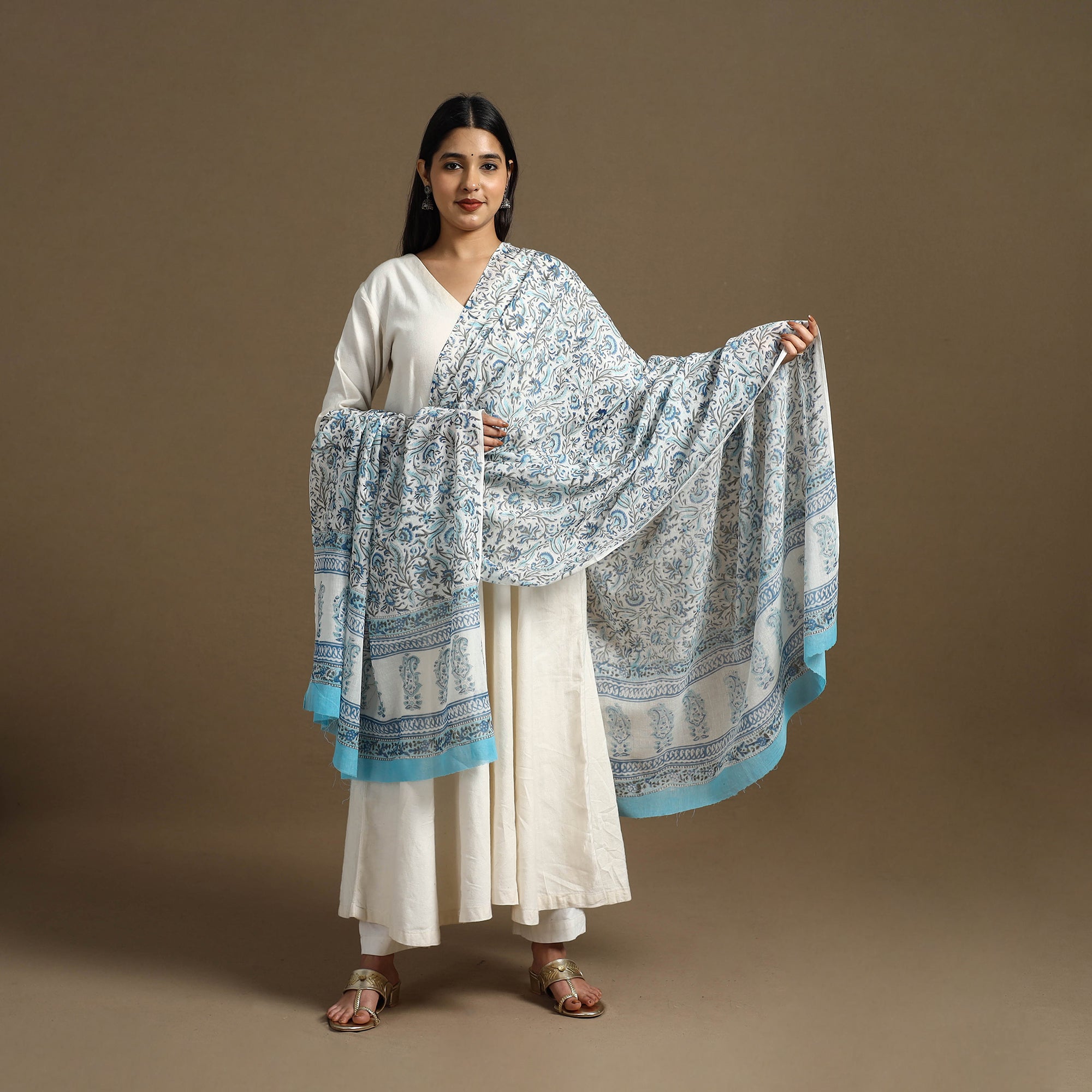 ARTISAN HAND BLOCK PRINTS Blue - Block Print Mul Cotton Sanganeri Floral Dupatta 45