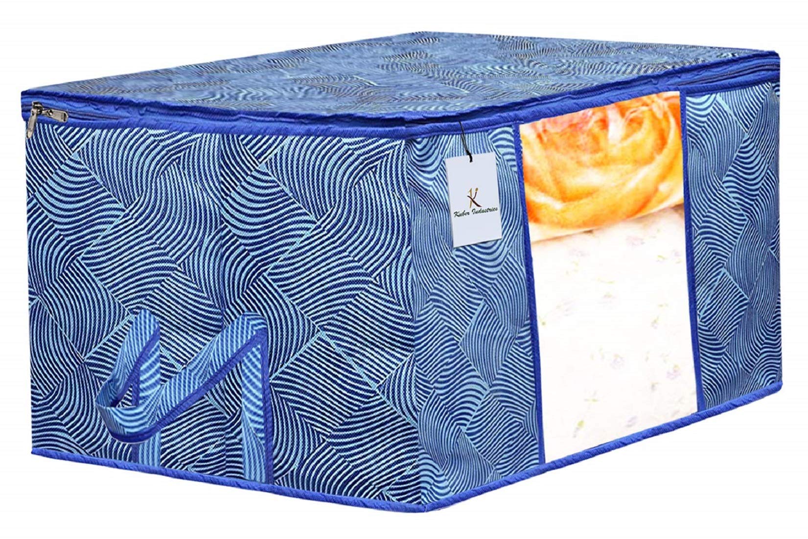 Kuber Industries Leheriya Printed 2 Piece Non Woven Fabric Underbed Storage Bag,Cloth Organiser,Blanket Cover with Transparent Window, Orange & Blue - - view 5