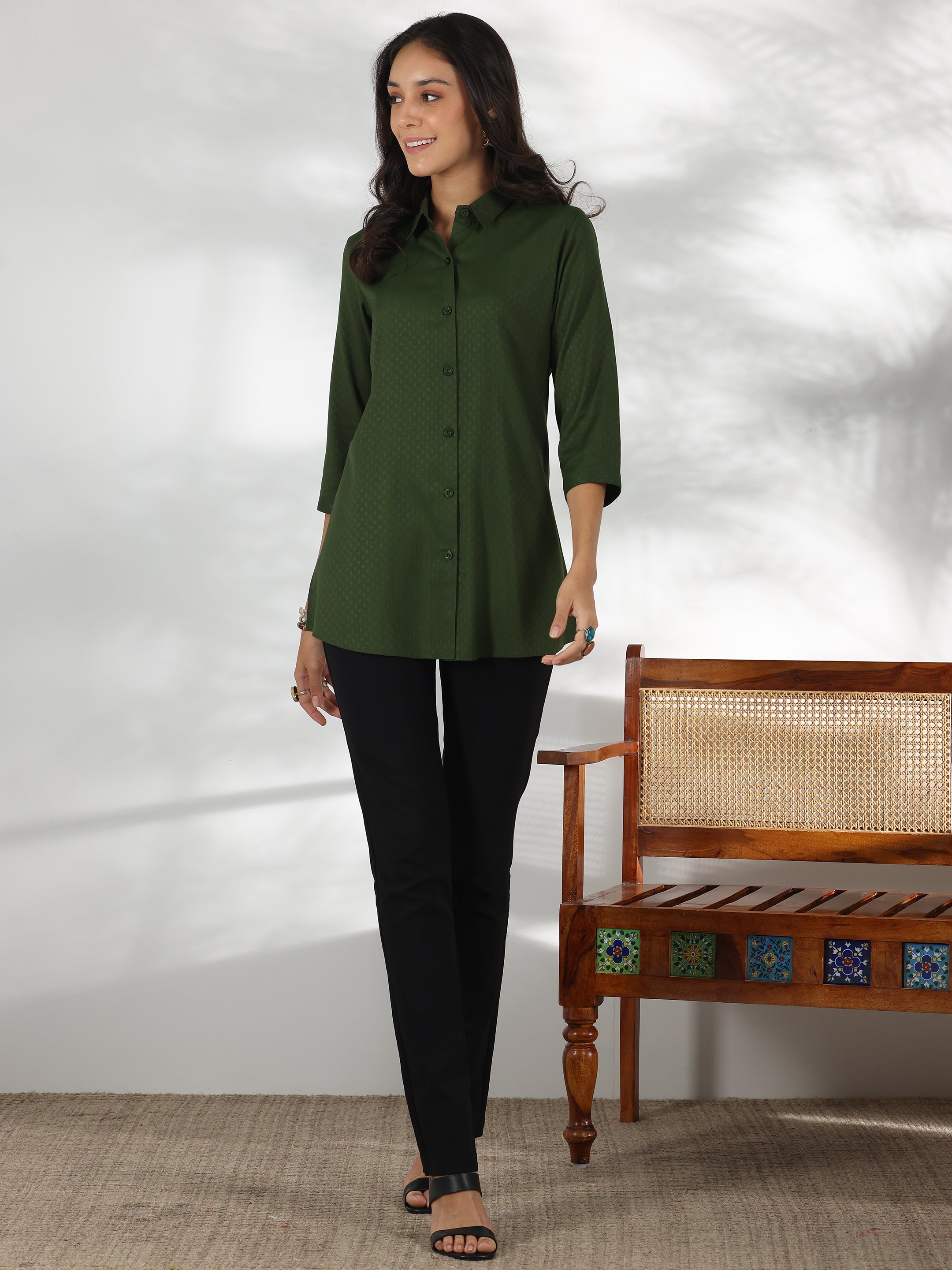 Libas Green Self Design Rayon Straight Tunic