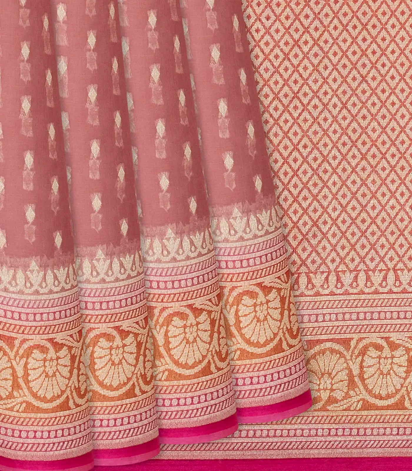 RmKV Dusty Pink Handwoven Banarasi Organza Saree With Diamond Buttas-Dusty Pink