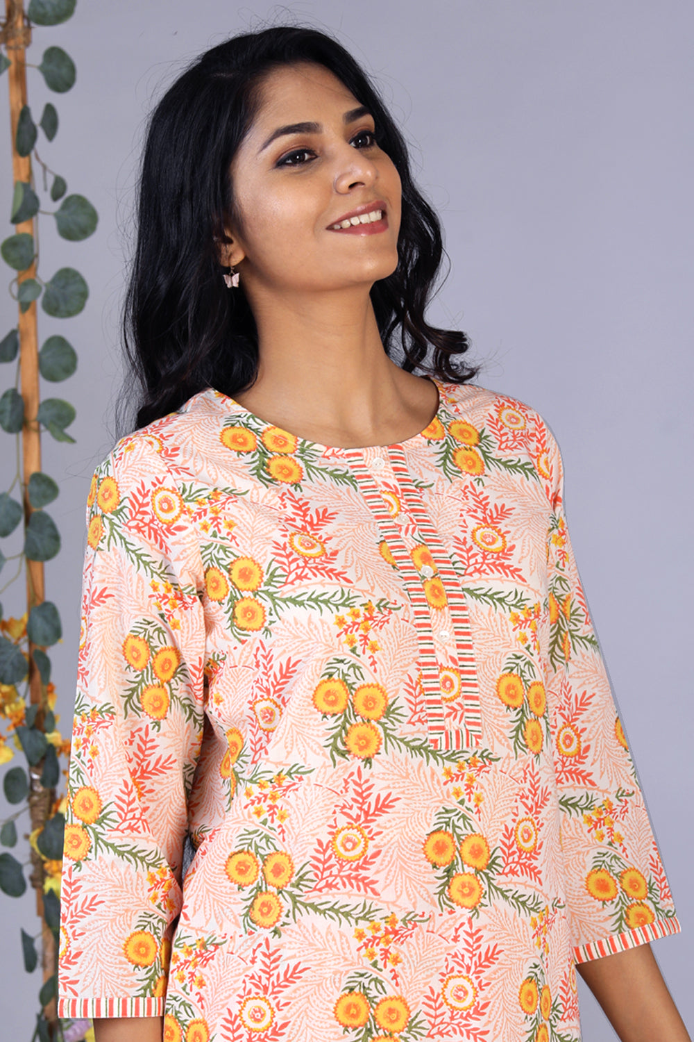 Kalanjali Ethnics Hand block printed orange kurti and pants set - view 2