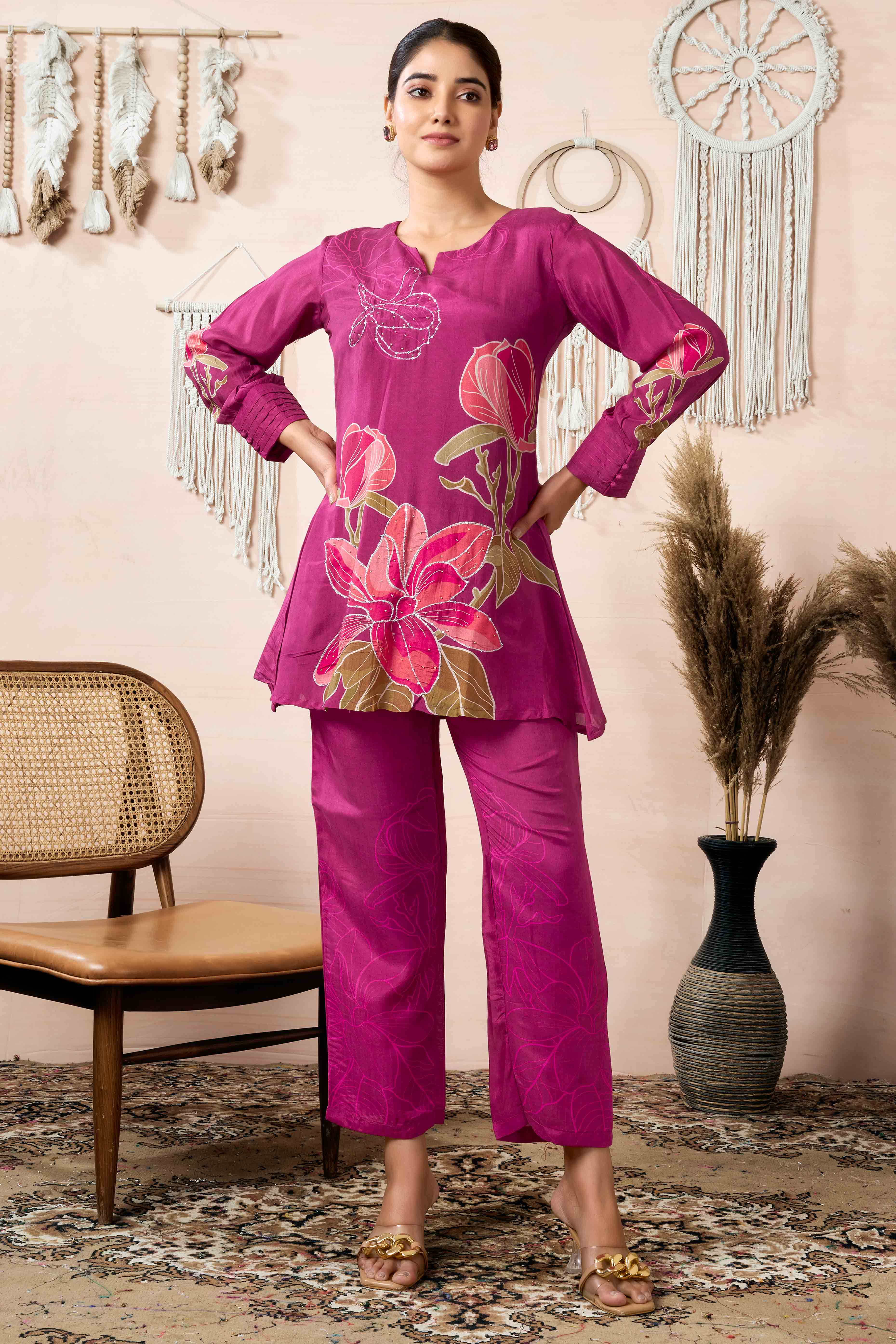 Peachmode Mulberry Wine Beads Work Digital Printed Muslin Co-Ord Set