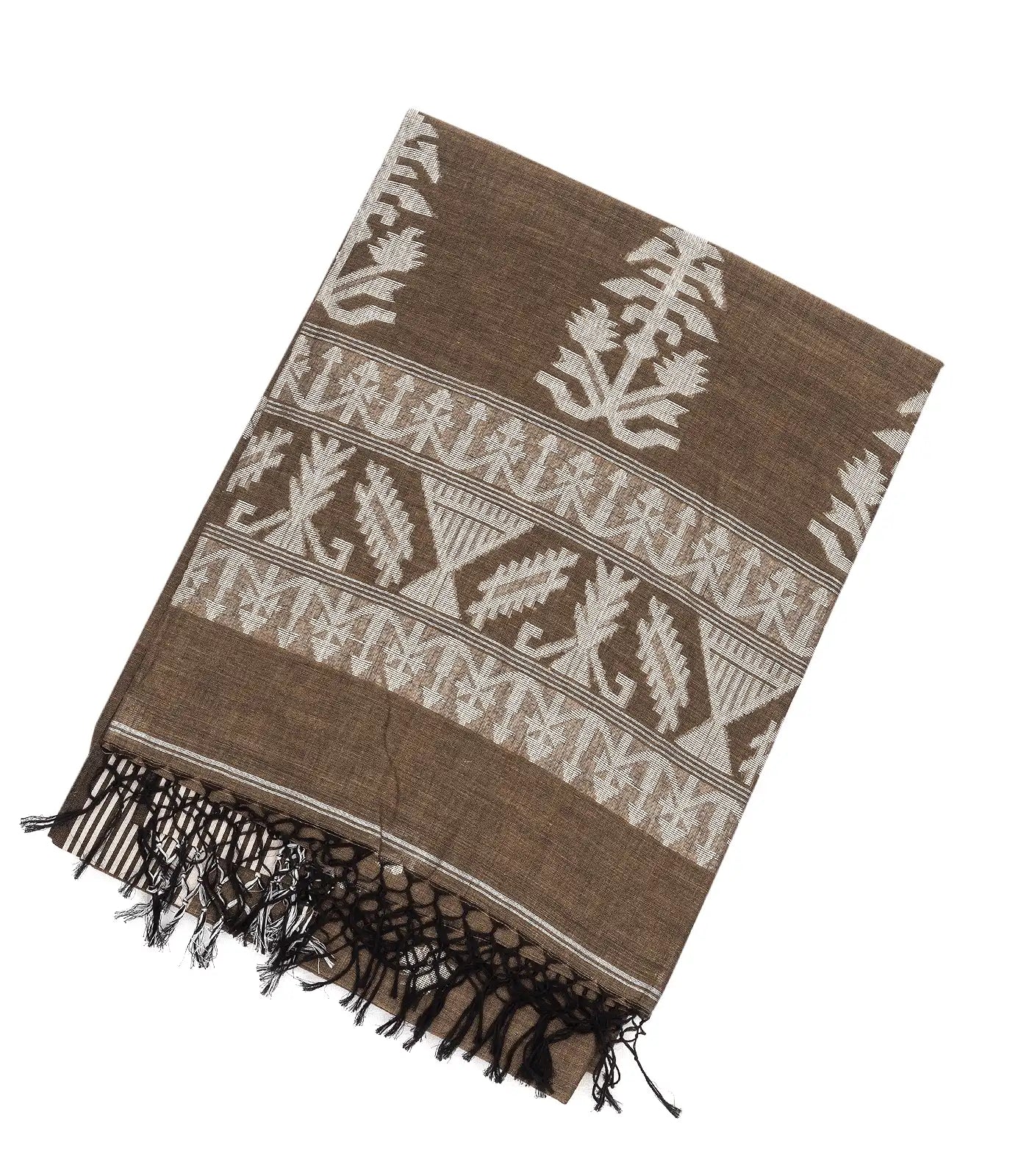 RmKV Dark Olive Handloom Bengal Cotton Saree With Floral Motifs