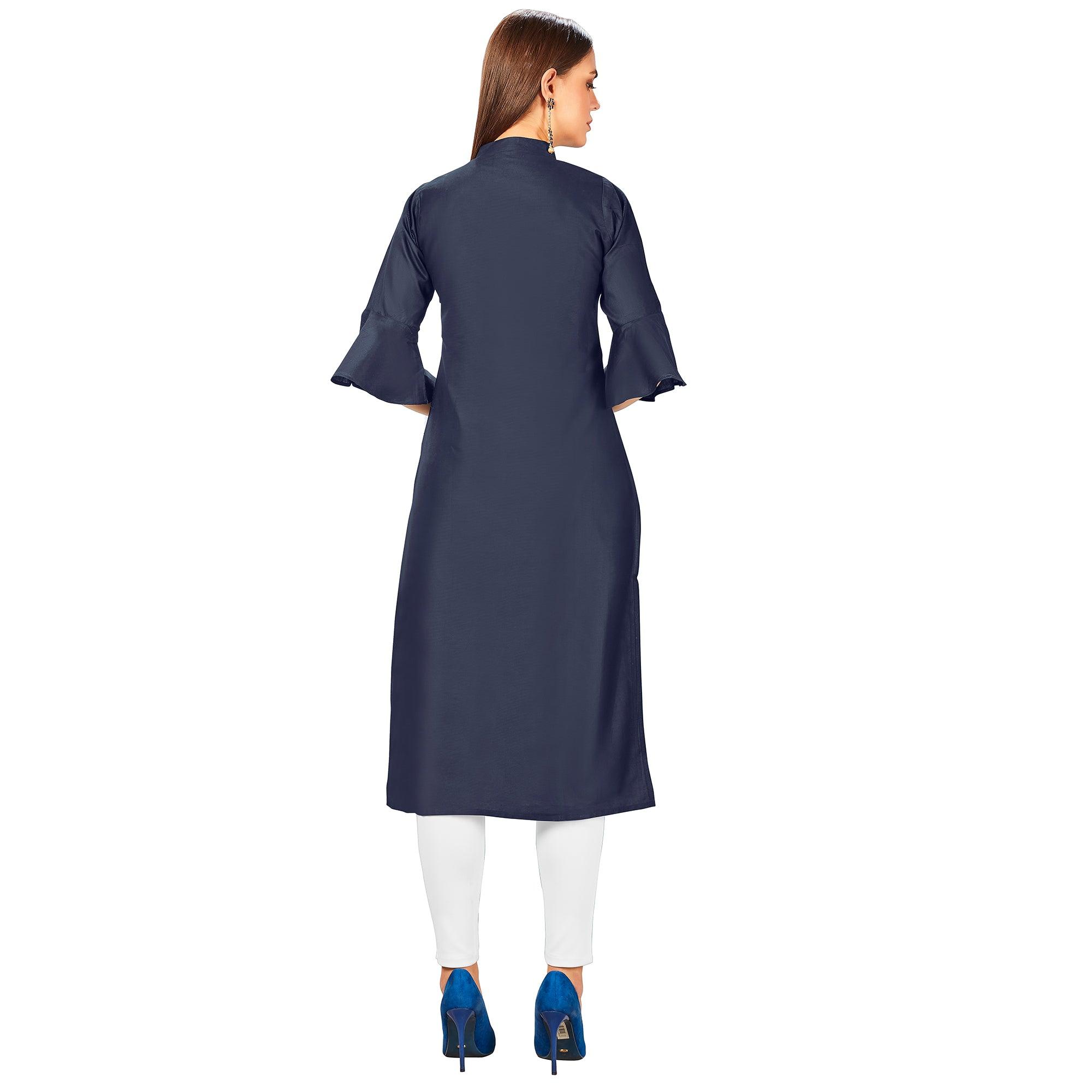 Peachmode Seller Elegant Navy Blue Colored Party Wear Embroidered Jam Cotton Silk Kurti - view 2