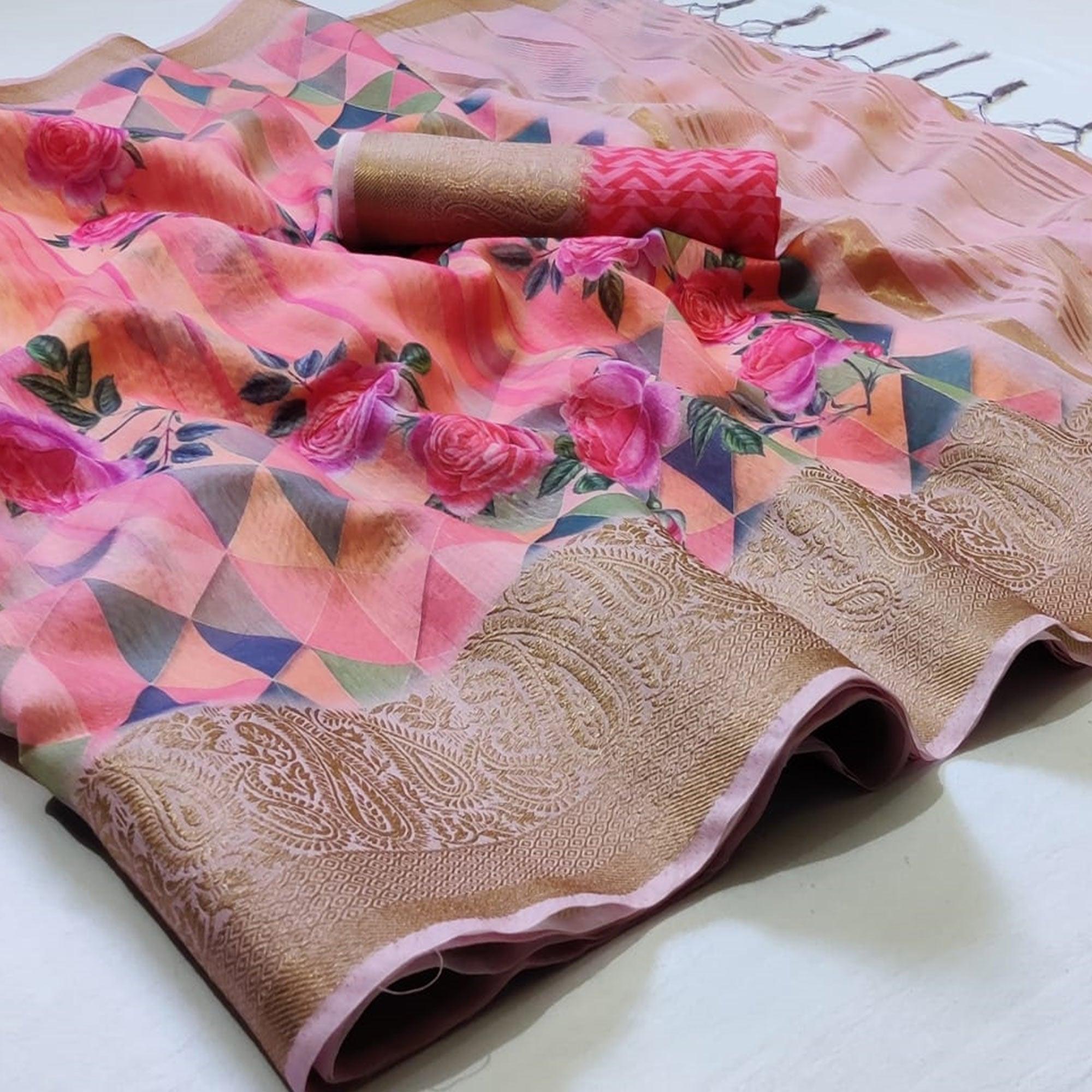 Peachmode Impressive Pink - Peach Colored Festive Wear Woven Banarasi Silk Saree