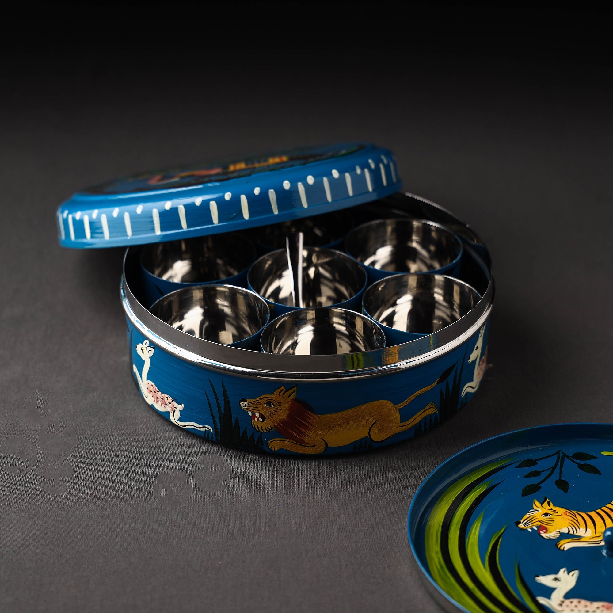 AAYAAS Blue - Banaras Handpainted Stainless Steel Masala Box (7 x 7 in) - view 2