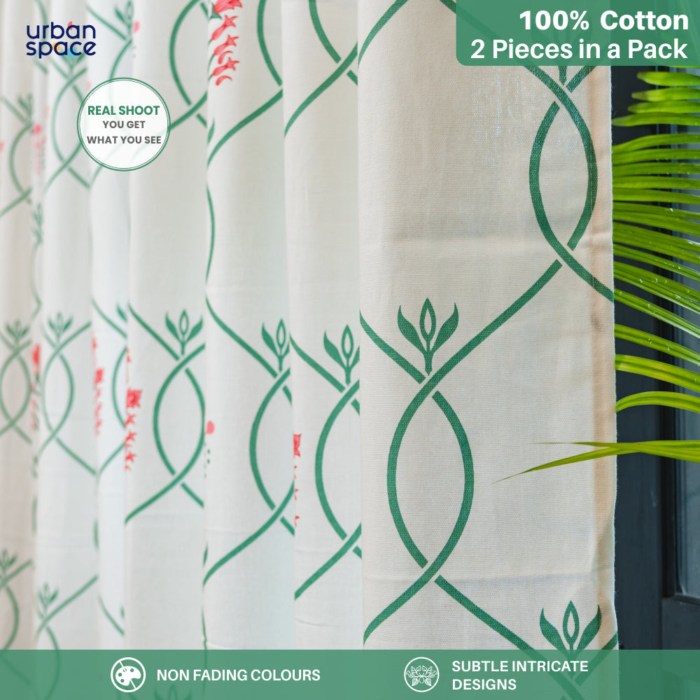 Urban Space -Home Furnishing Store 100% Cotton Room Darkening Curtains, Pack of 2 - Floral Ripples - Pink & Green - view 4