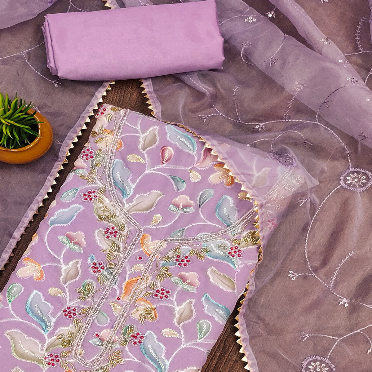 Peachmode Light Purple Floral Printed With Hand Embroidered Organza Dress Material - view 2