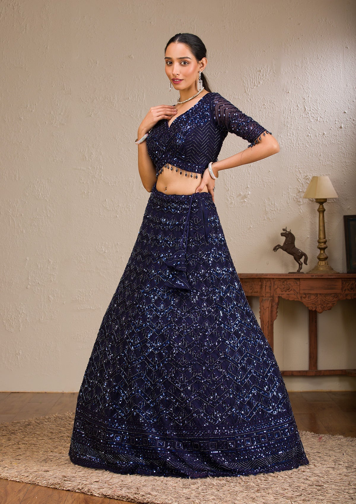 Koskii Navy Blue Sequins Net Readymade Lehenga - view 5