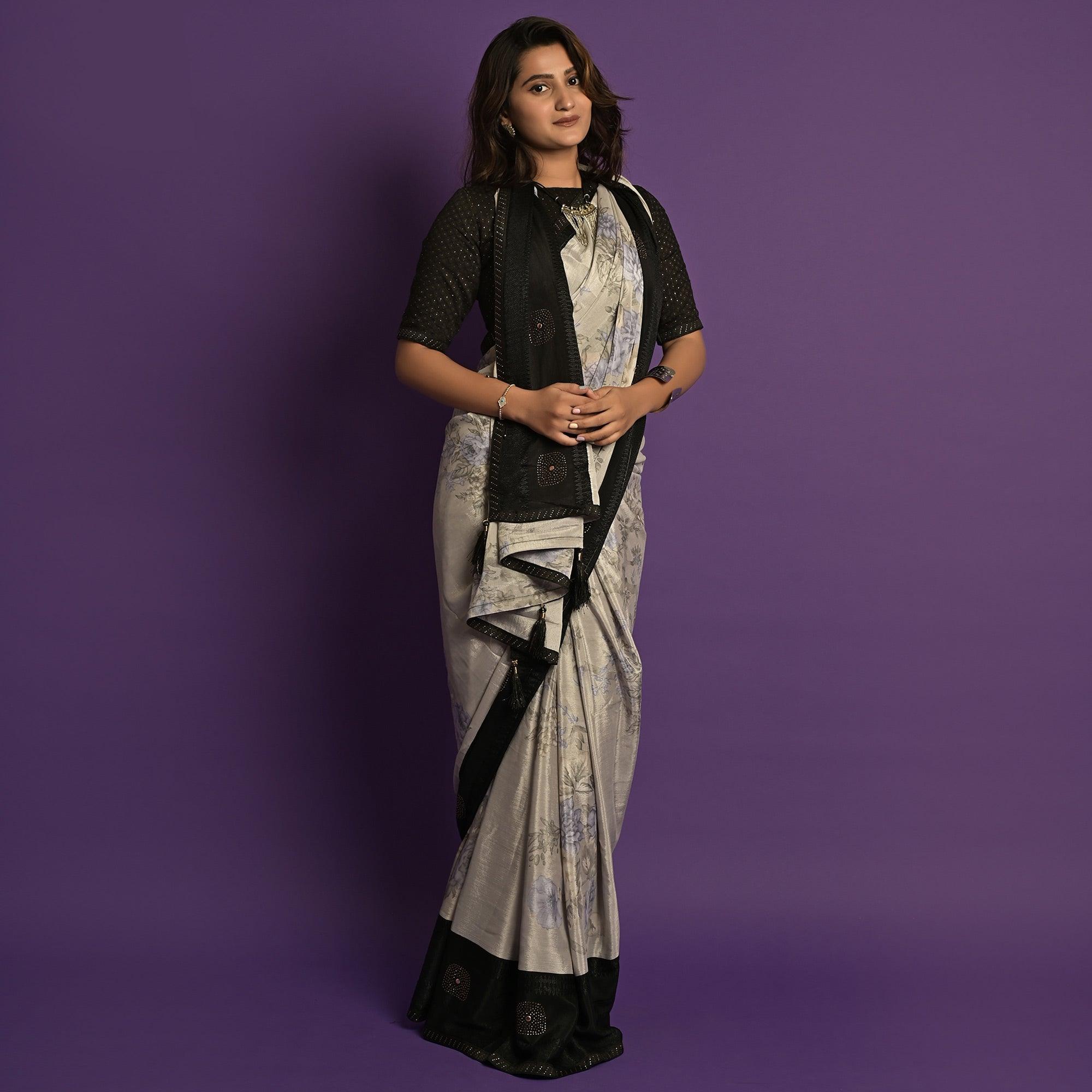 Peachmode Grey Printed-Embellished Chiffon Saree