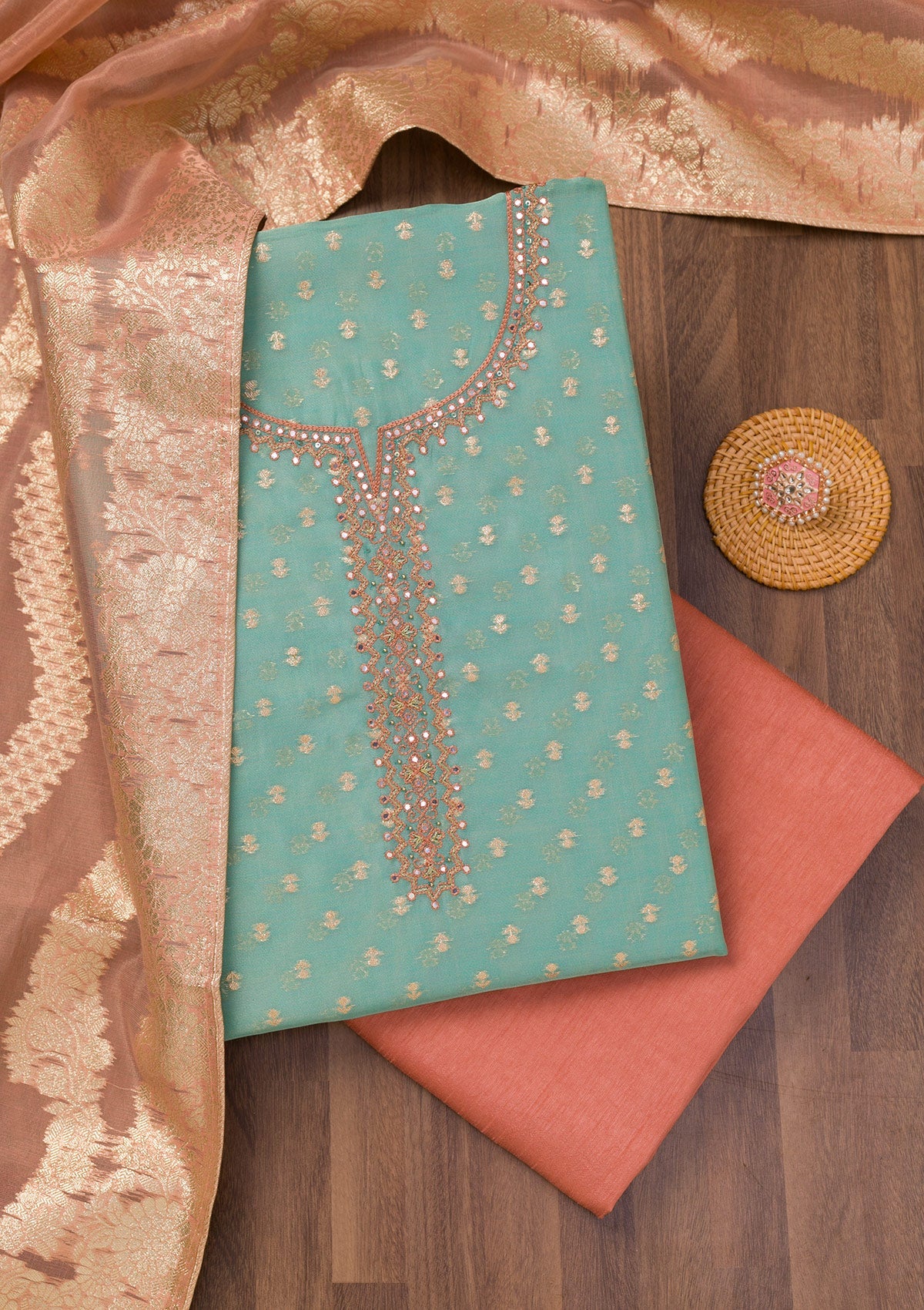 Koskii Sky Blue Zariwork Banarasi Unstitched Salwar Suit