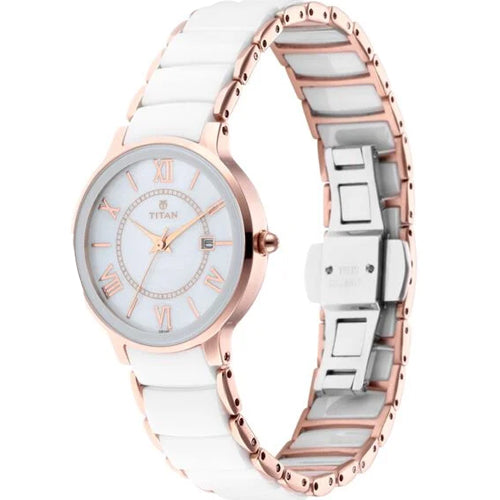Titan Quartz Analog with Date Mother of Pearl Dial Stainless Steel & Ceramic Strap Watch for Women 31mm NT95016WD02 - view 2