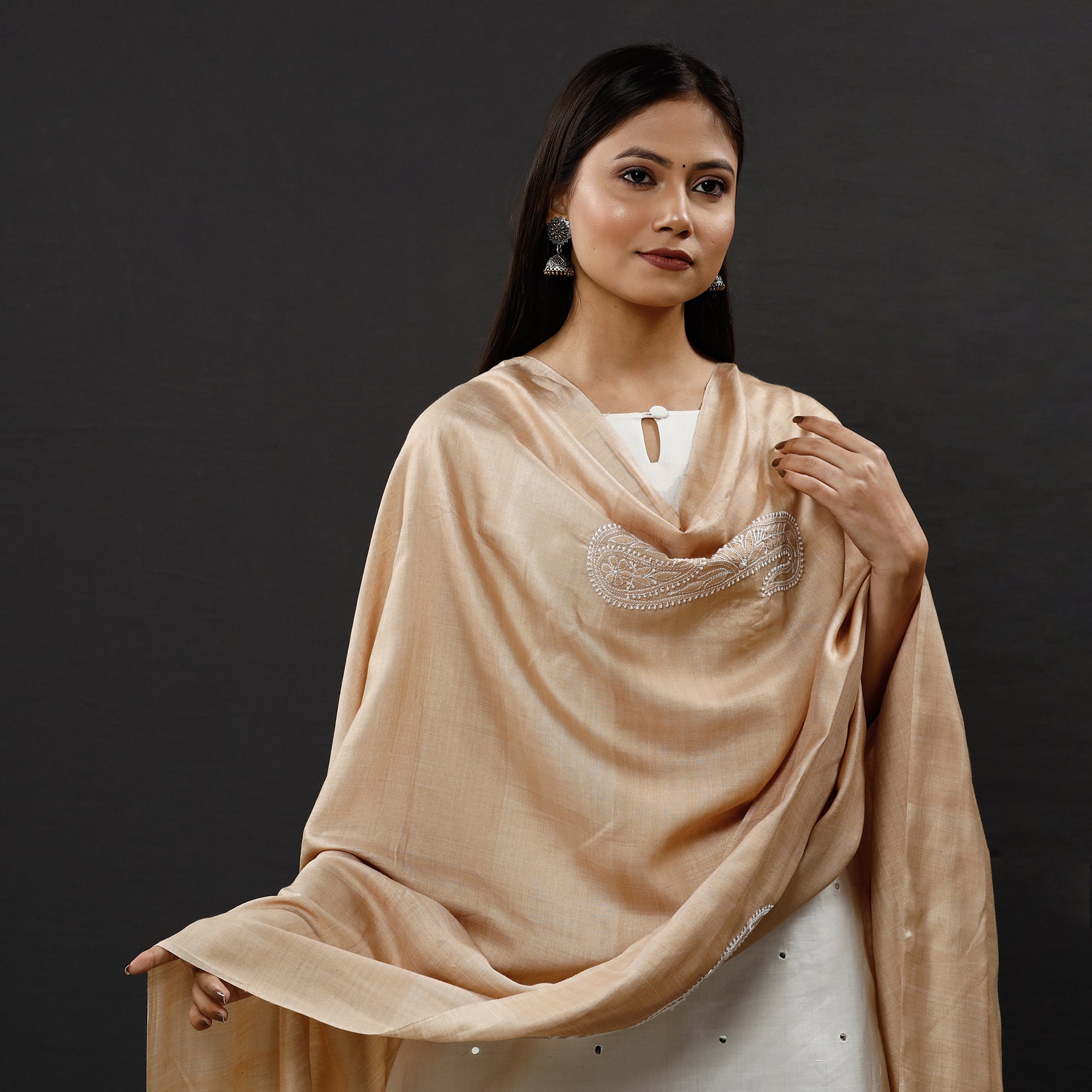 ITOKRI CRAFTS INITIATIVE Brown - Lucknow Chikankari Heavy Hand Embroidery Silk Cotton Dupatta