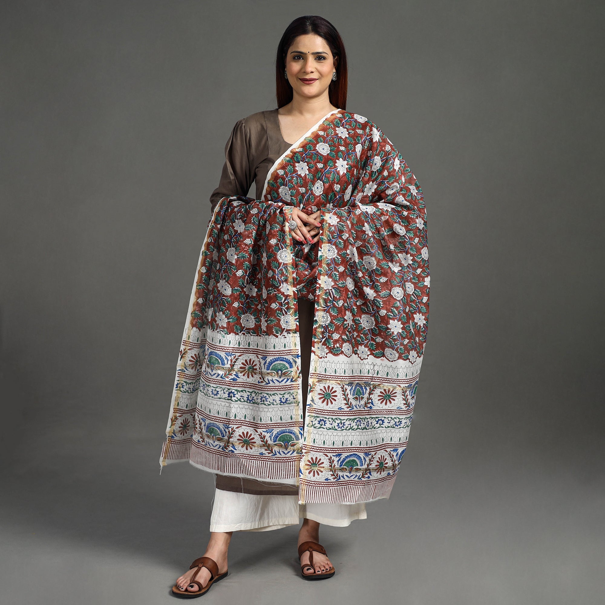 ARTISAN HAND BLOCK PRINTS Brown - Handloom Chanderi Silk Sanganeri Print Dupatta 07 - view 3