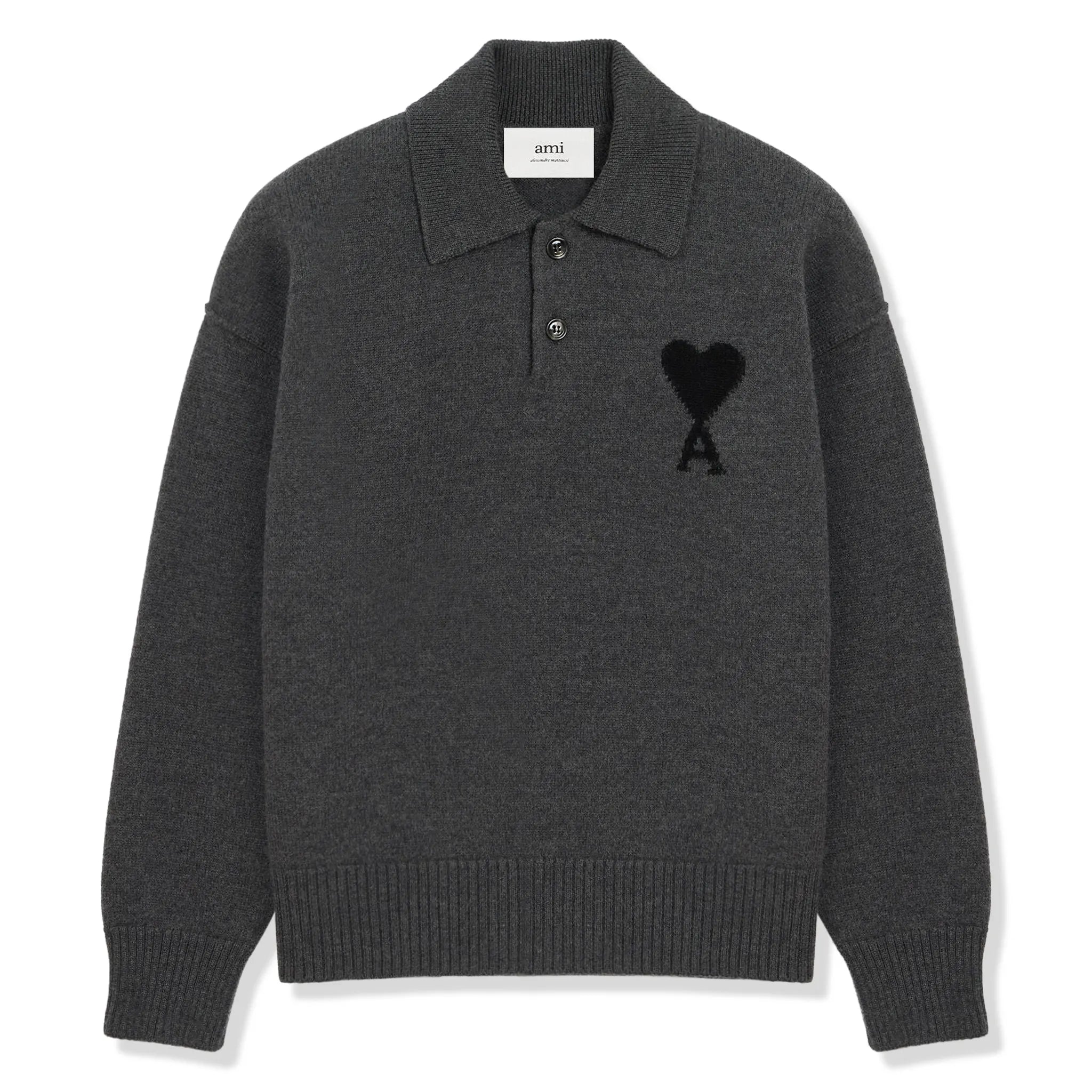 Ami Paris Ami De Coeur Wool Heather Grey Black Polo Sweatshirt