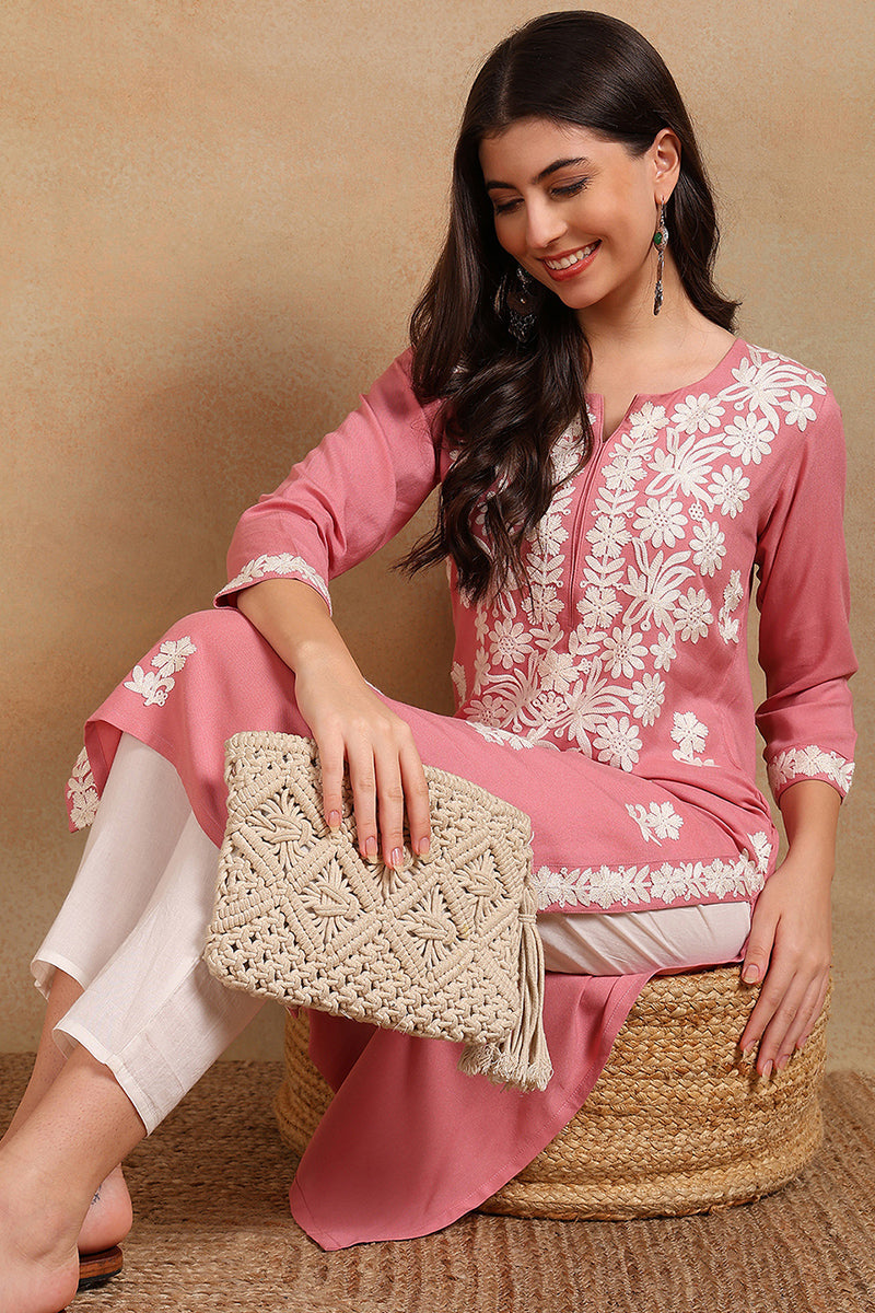 Ahika Pink Viscose Rayon Solid Embroidered Chikankari Straight Kurta VCK9776PNK - view 6