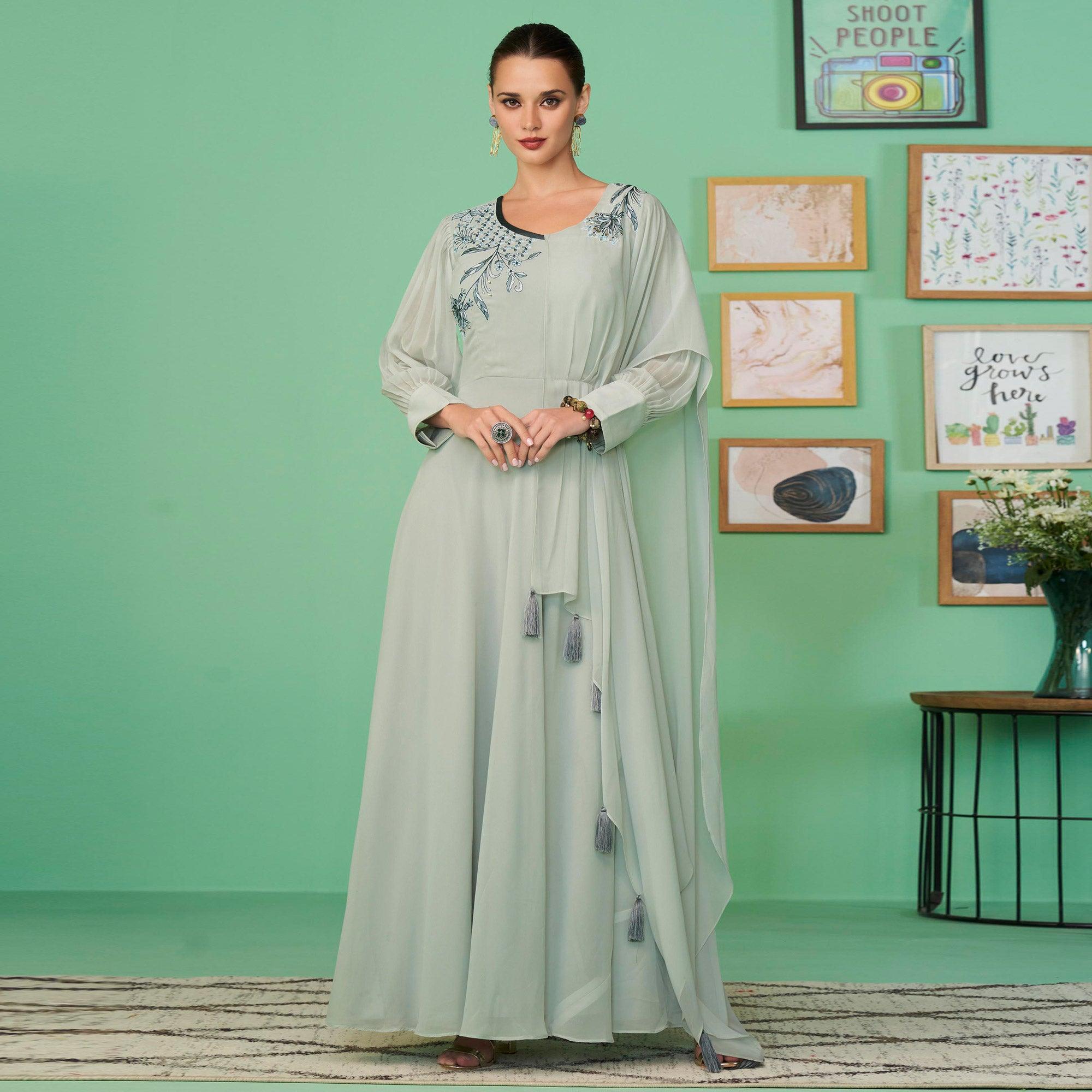 Peachmode Light Green Embroidered Georgette Gown