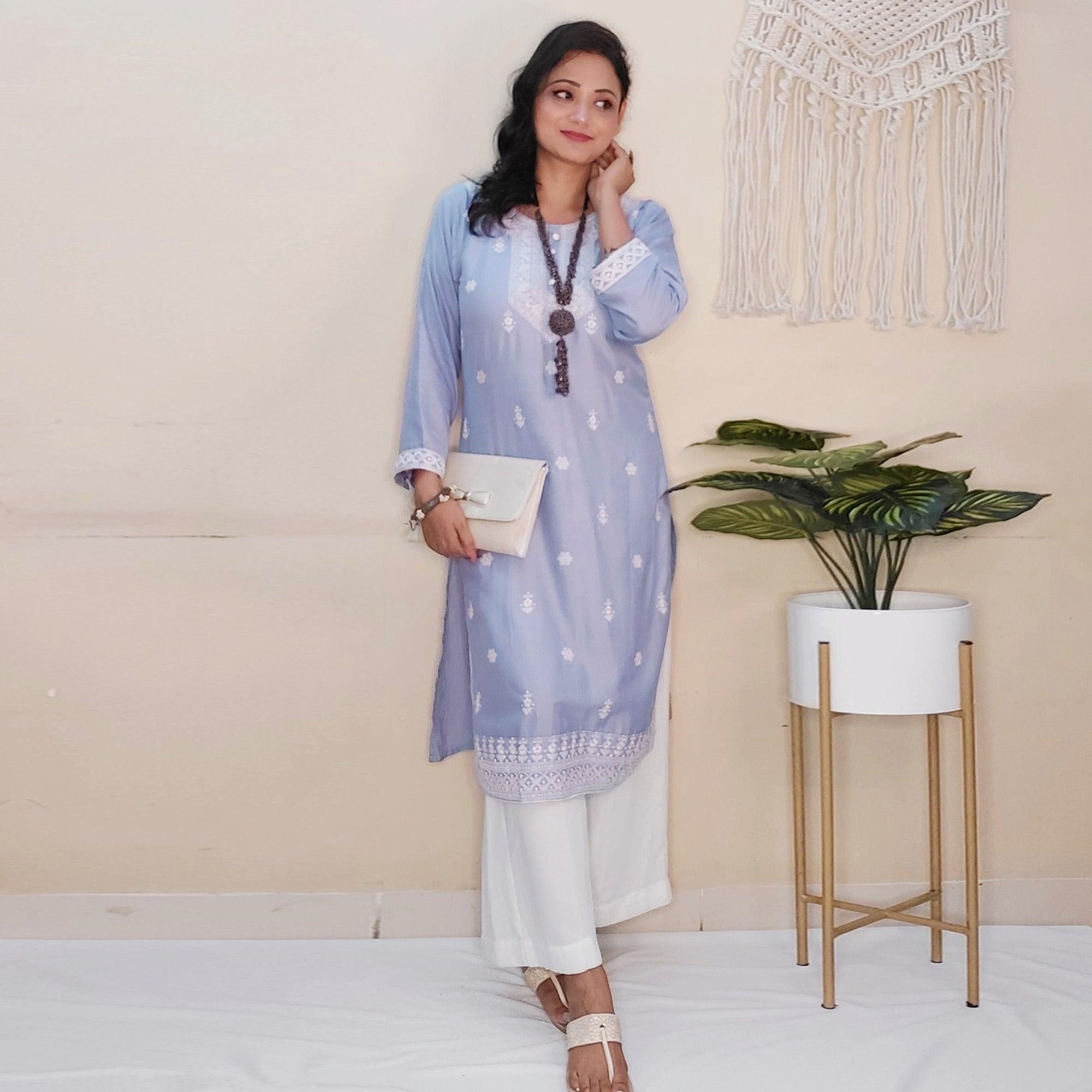 Peachmode Seller Captivating Lavendar Colored Casual Wear Embroidered Pure Rayon Viscose Kurti - view 5