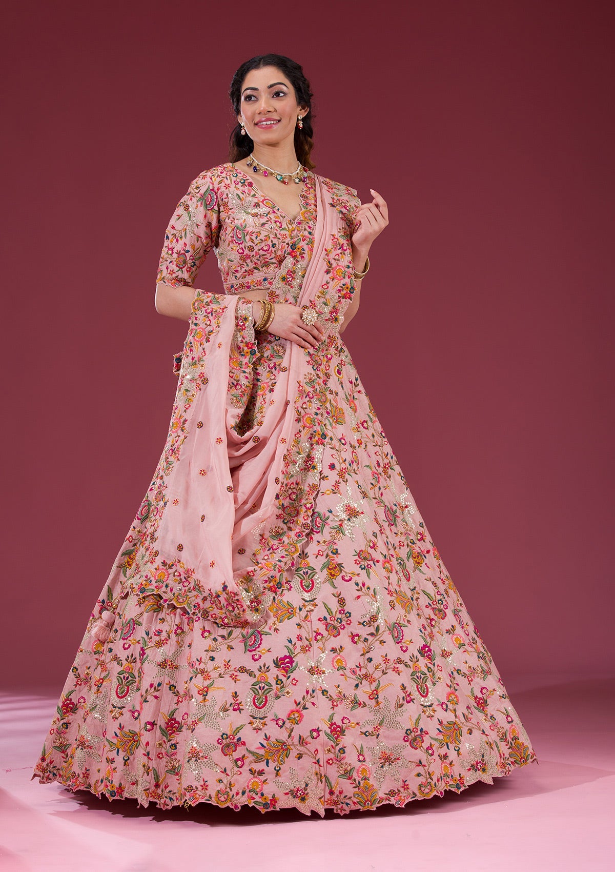 Koskii Peach Sequins Raw Silk Readymade Lehenga