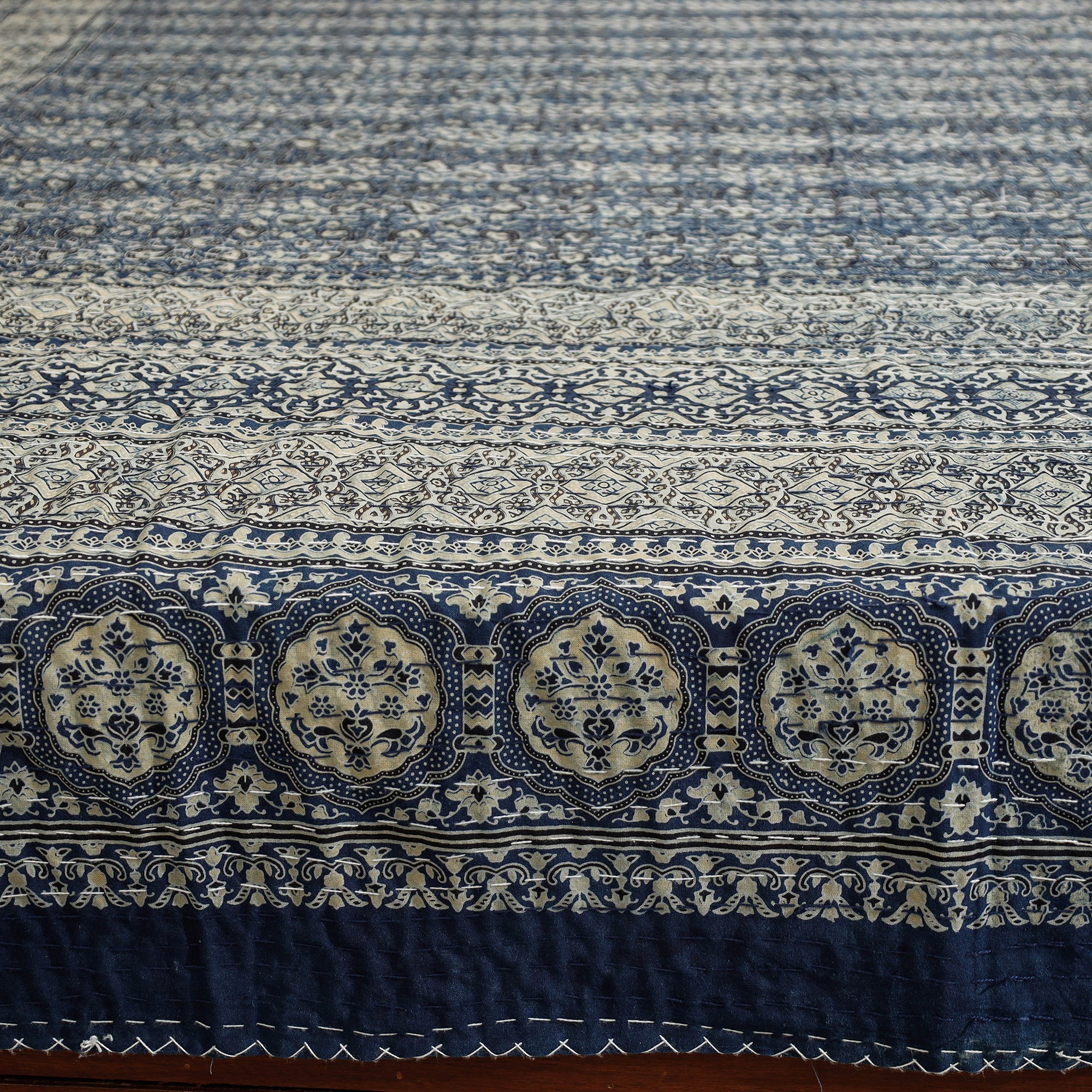 SHADES OF MARUDHARA Blue - Ajrakh Block Printed Kantha Work Cotton Double Bed Cover (105 x 90 in) - view 2