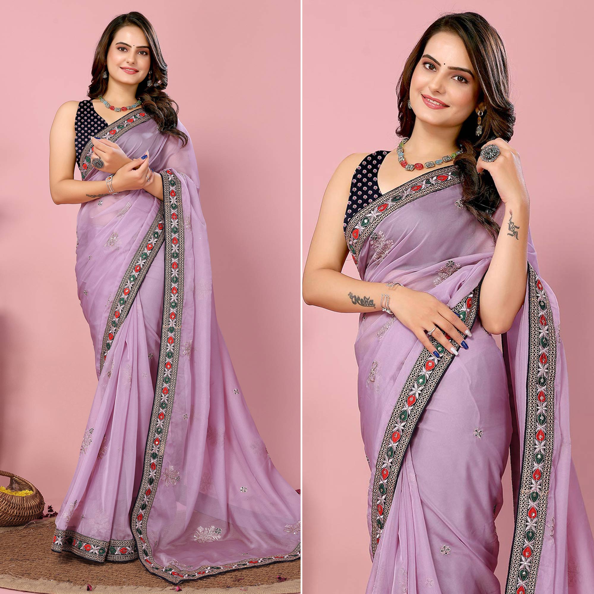 Peachmode Lavender Floral Sequins Embroidered Organza Saree