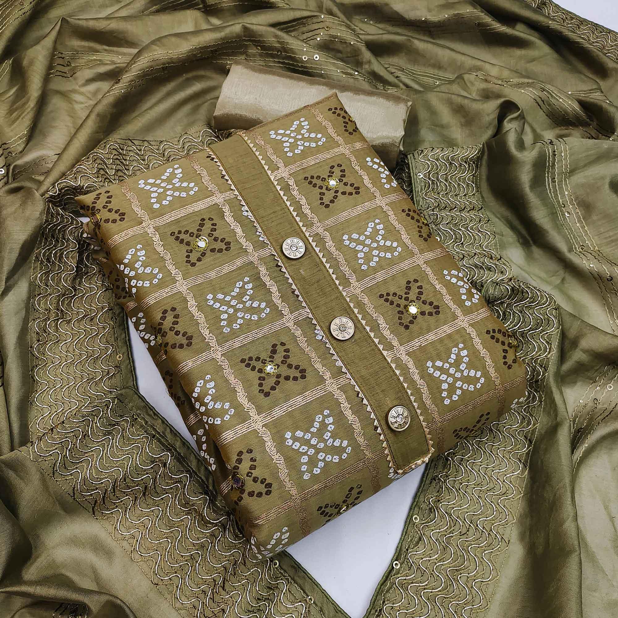 Peachmode Mehendi Green Festive Wear Printed With Handwork Modal Dress Material