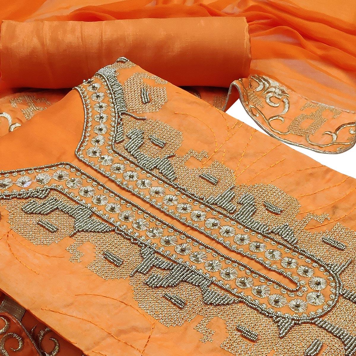 Peachmode Entrancing Orange Colored Casual Wear Embroidered Heavy Modal Silk Dress Material - view 2