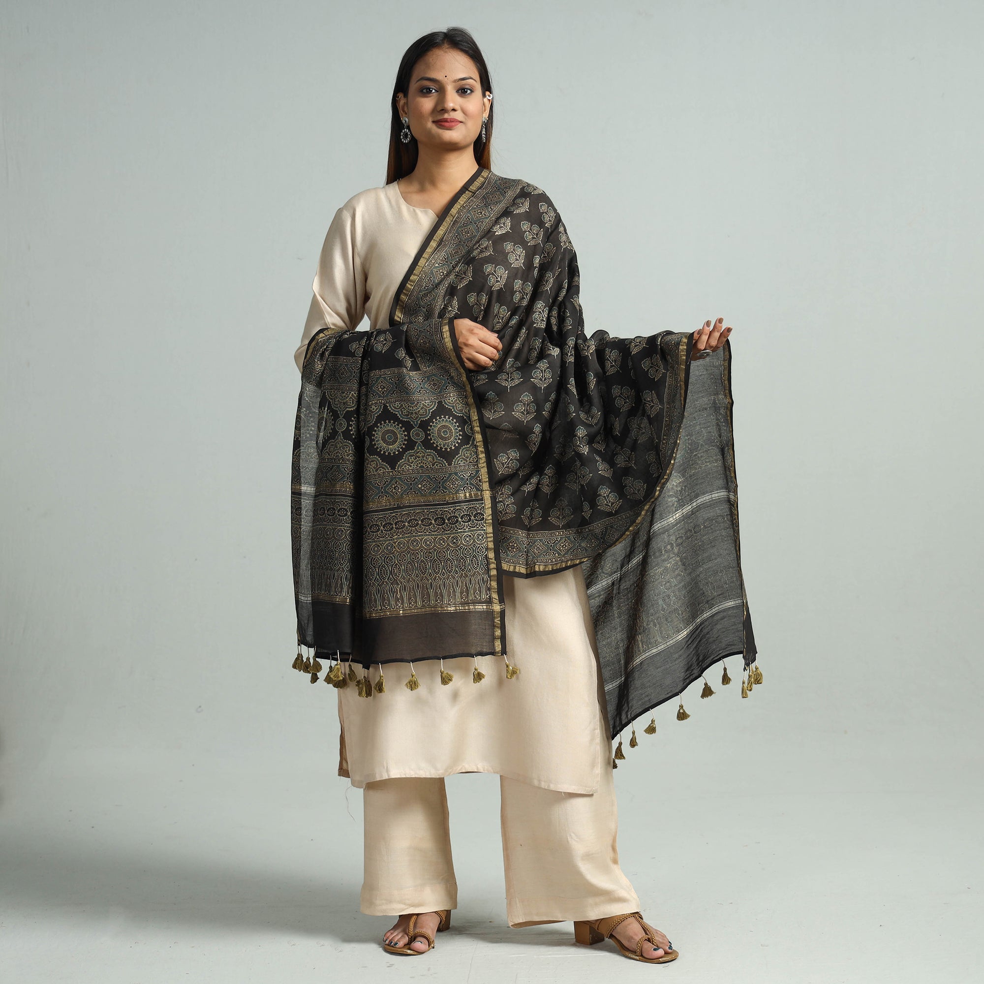 KACHCHH JI CHHAAP Black - Hand Block Print Chanderi Silk Ajrakh Dupatta 73 - view 2