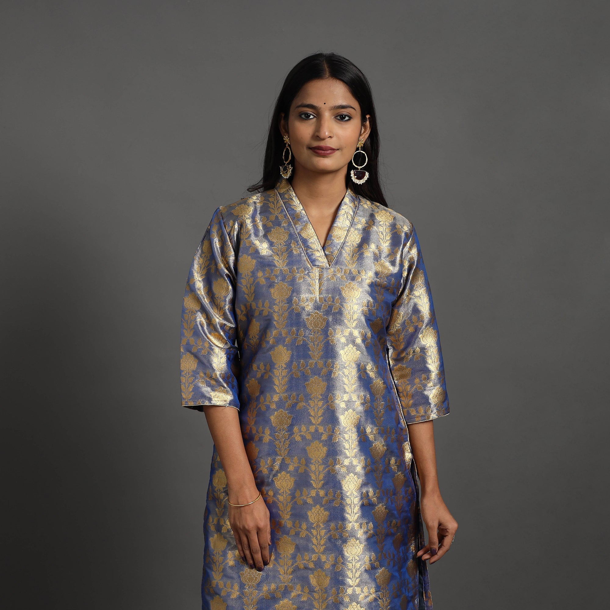 ITOKRI CASUALS Blue - Cutwork Tissue Zari Jaal Banarasi Silk Kurta 10