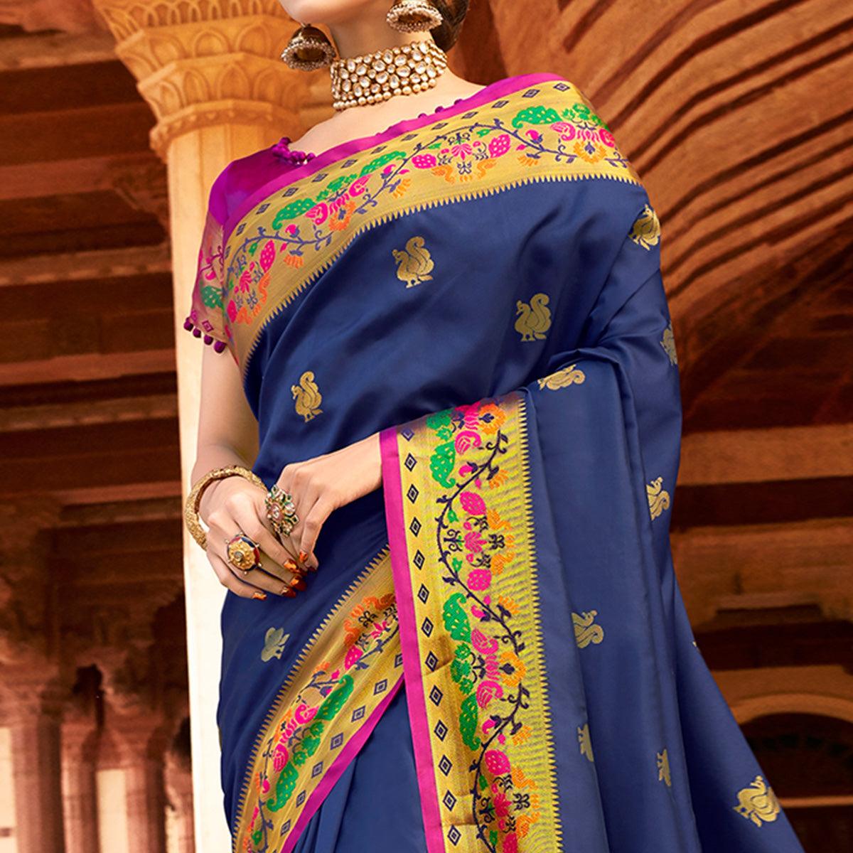 Peachmode Majesty Navy Blue Colored Festive Wear Woven Paithani Silk Saree - view 2