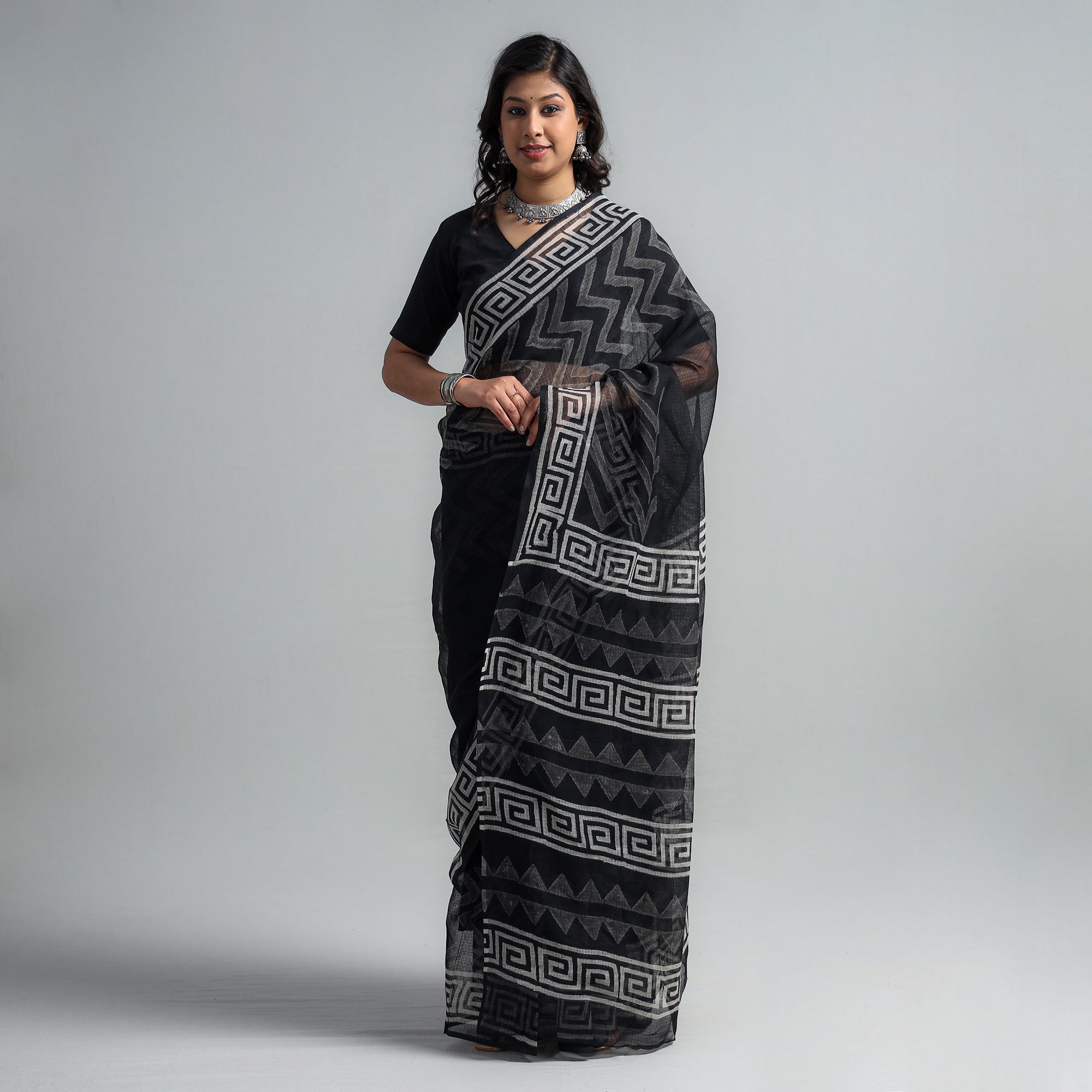 HAVELI CHRONICLES Black - Kota Doria Cotton Sanganeri Print Saree