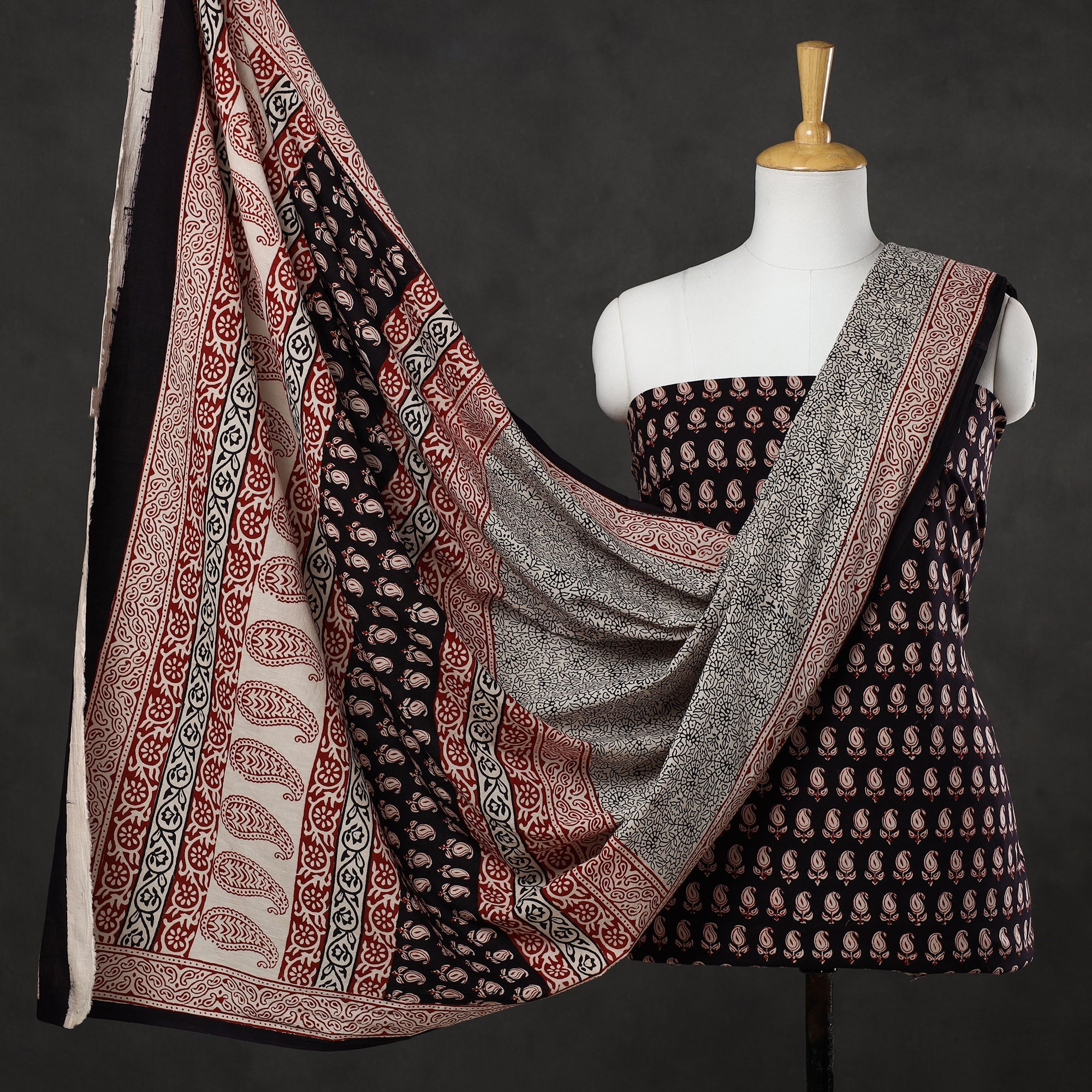 BAGH PRINTS BY UMAR FARUK KHATRI Black - 3pc Bagh Print Cotton Dress Material Set
