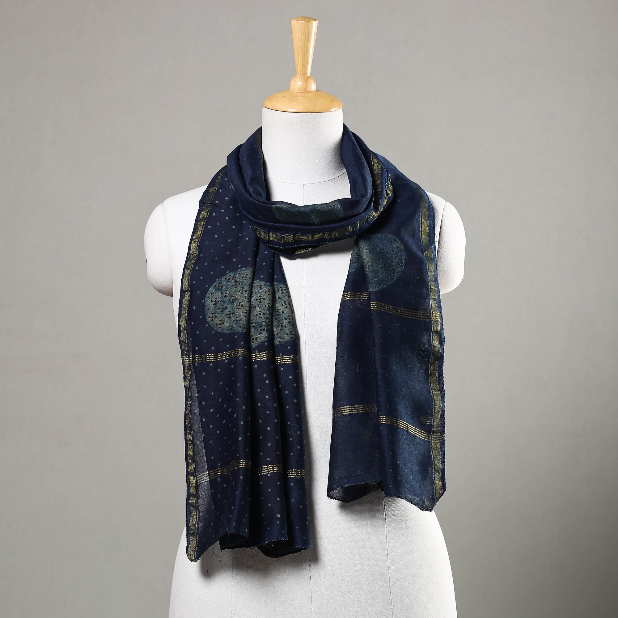 HAVELI CHRONICLES Blue - Akola Block Printed Chanderi Silk Handloom Stole with Zari Border