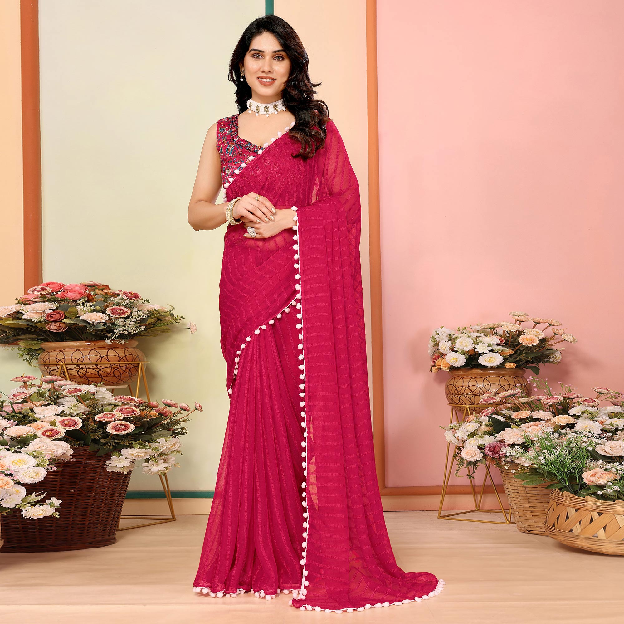 Peachmode Pink Woven Striped Pattern Georgette Saree - view 2